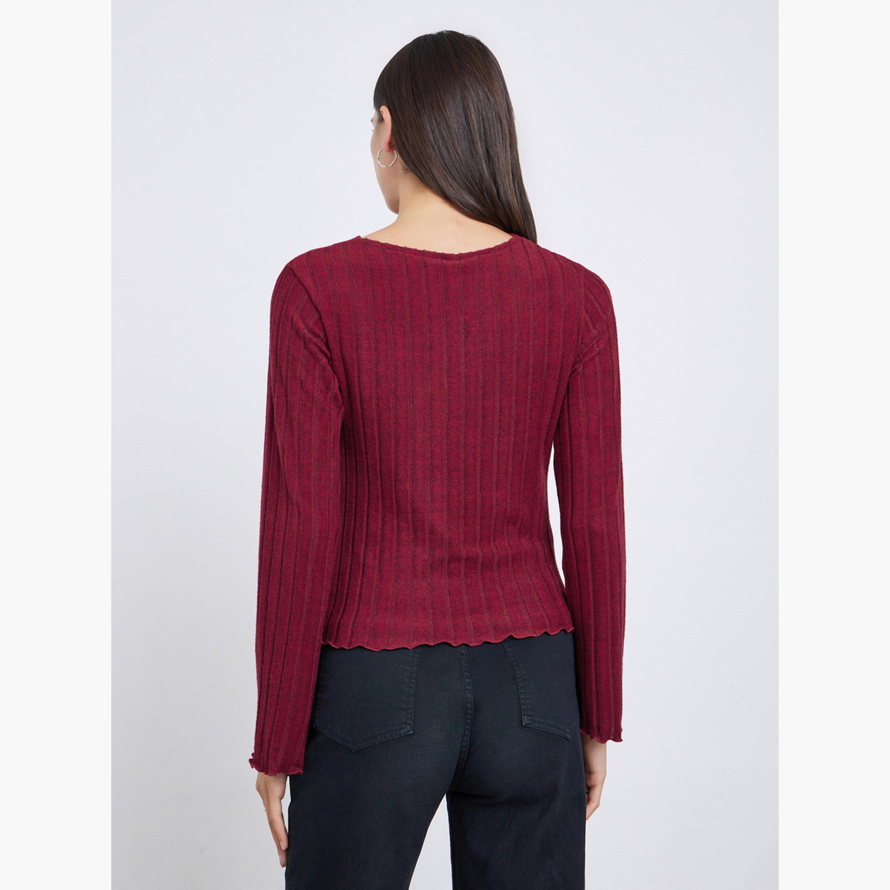 Styli Women Red Knitted Cowl Neck Long Sleeve T-Shirt-women-clothing-tshirts-image-4