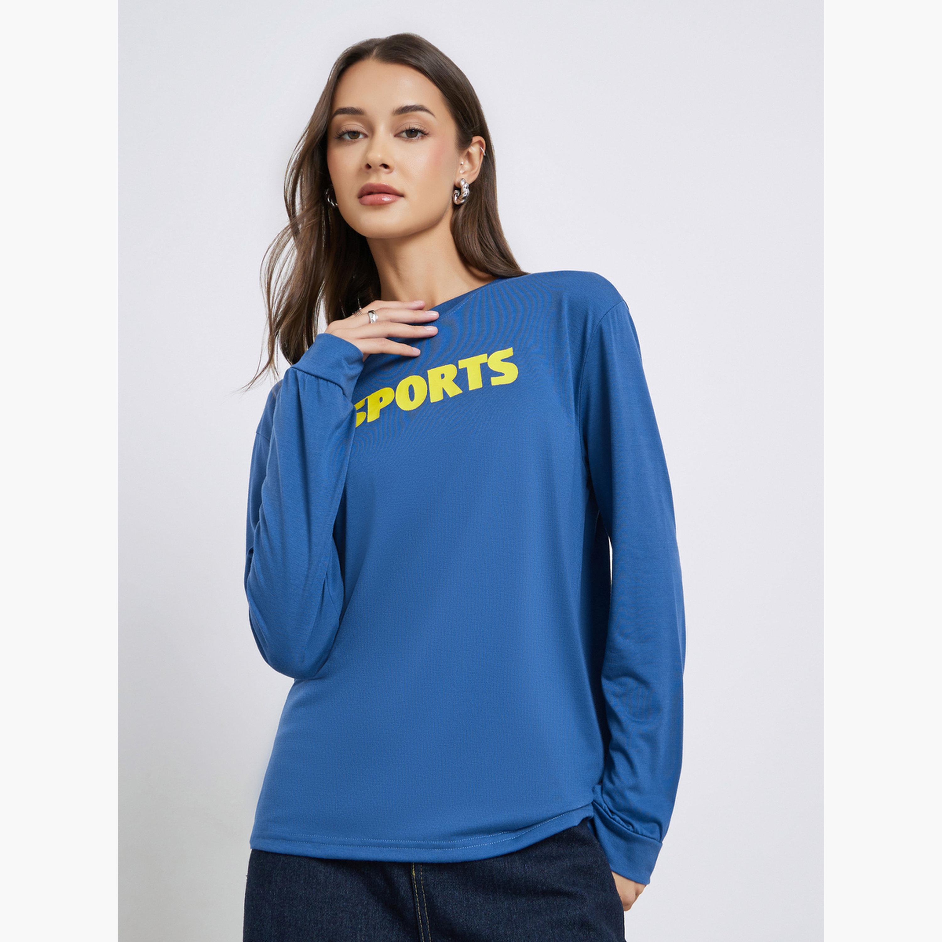 Styli Women Blue Contrast Slogan Print T-Shirt-women-clothing-tshirts-image-1
