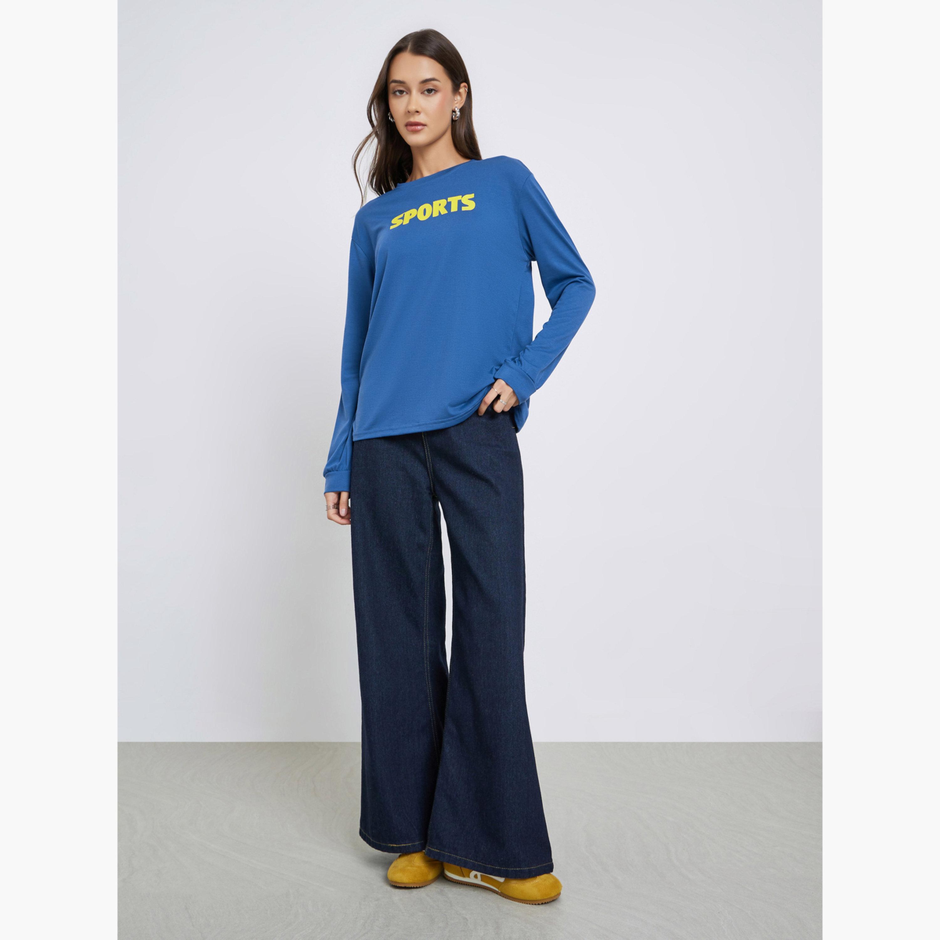 Styli Women Blue Contrast Slogan Print T-Shirt-women-clothing-tshirts-image-2