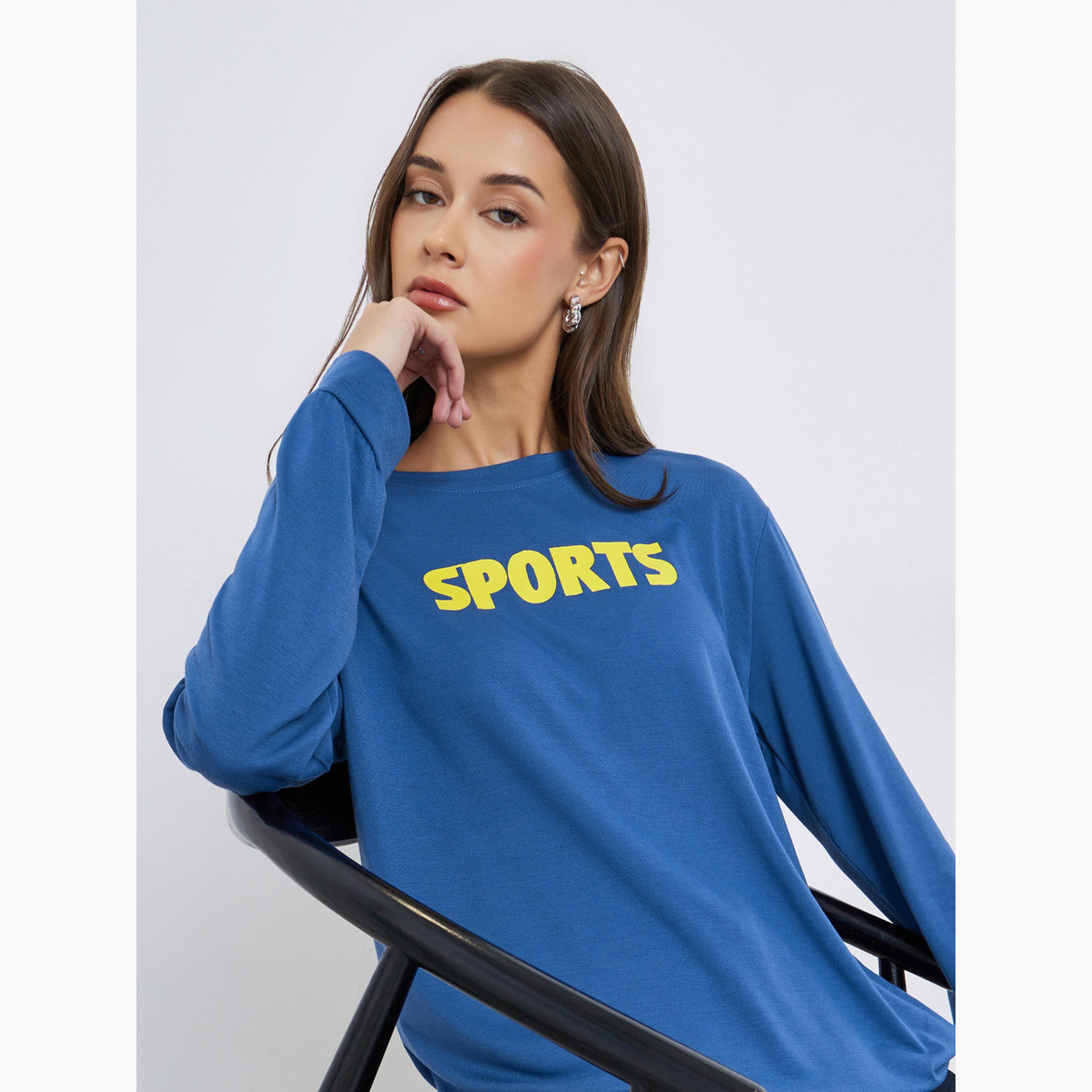 Styli Women Blue Contrast Slogan Print T-Shirt-women-clothing-tshirts-image-3