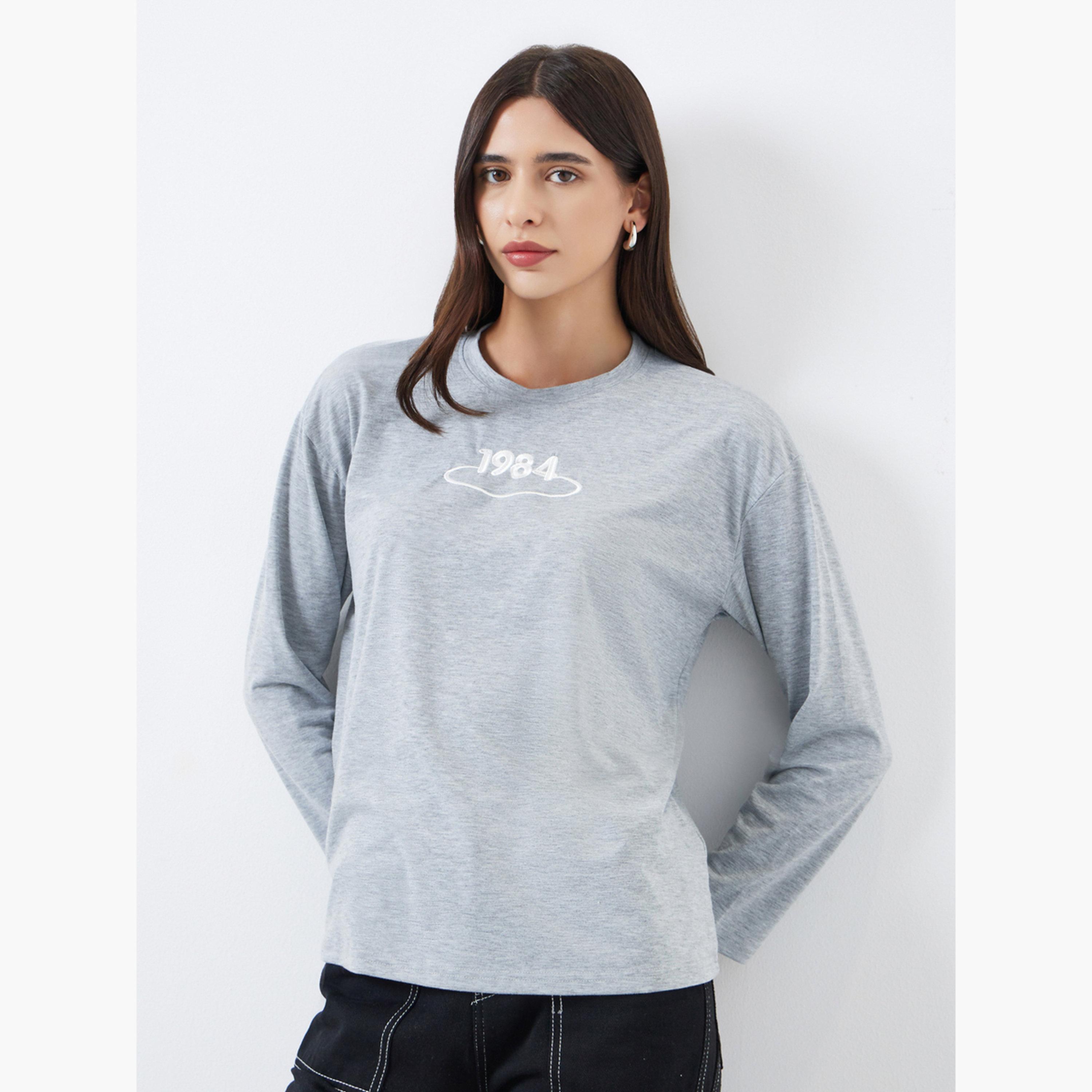 Styli Women Grey Embroidered Long Sleeve T-Shirt-women-clothing-tshirts-image-1