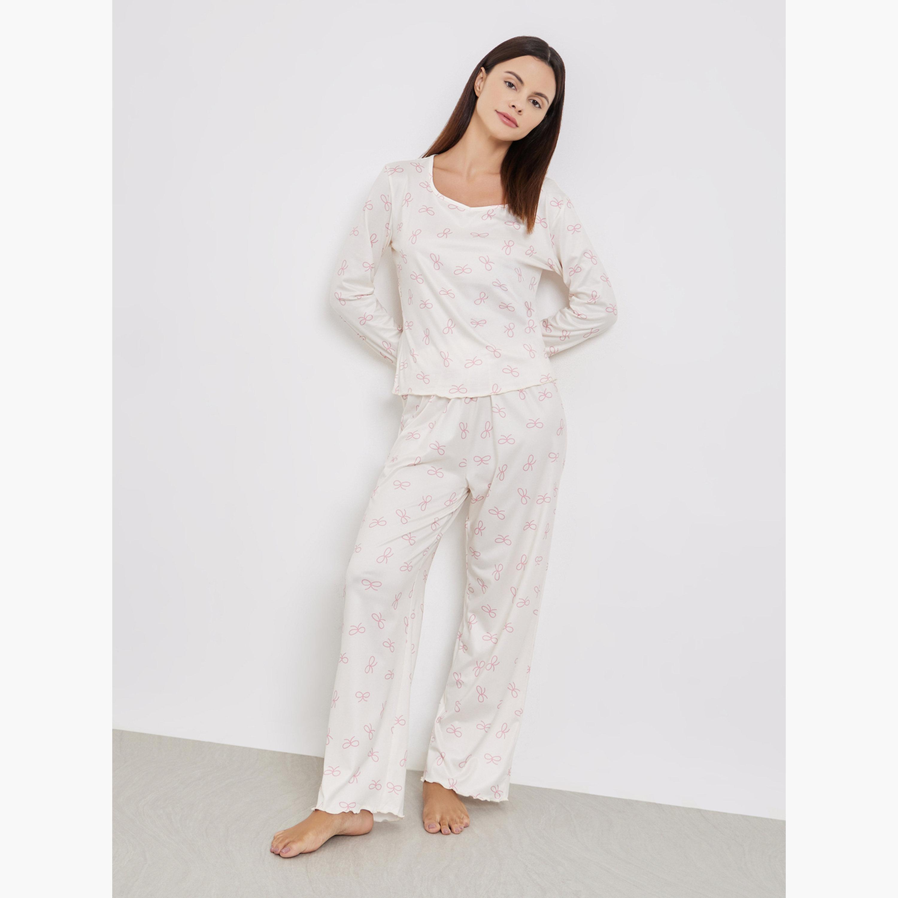 Styli Women Bow Print T-Shirt and Long Pyjama Set-women-clothing-nightwear-pyjamas-longsets-image-1