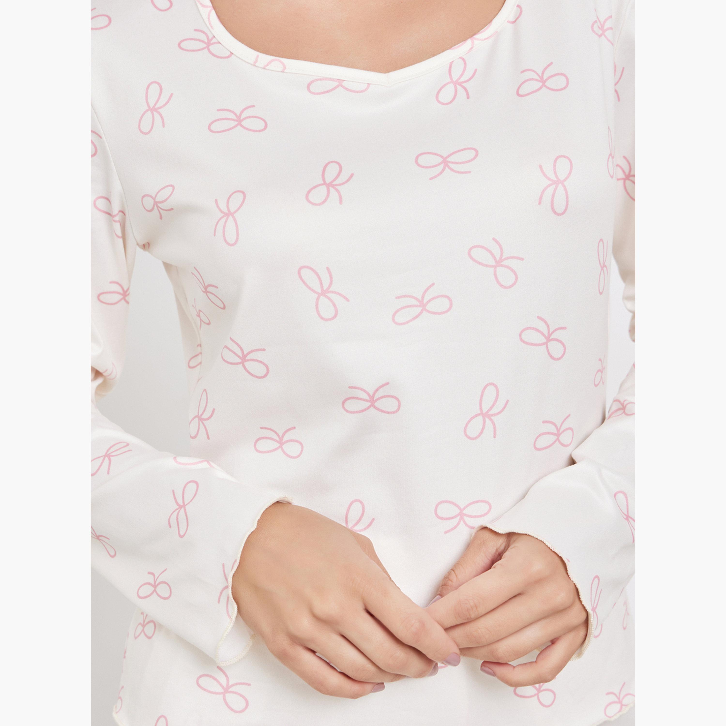 ستايلي - بيجاما تي شيرت نقشة فيونكة بنطال طويل للنساء-women-clothing-nightwear-pyjamas-longsets-image-5