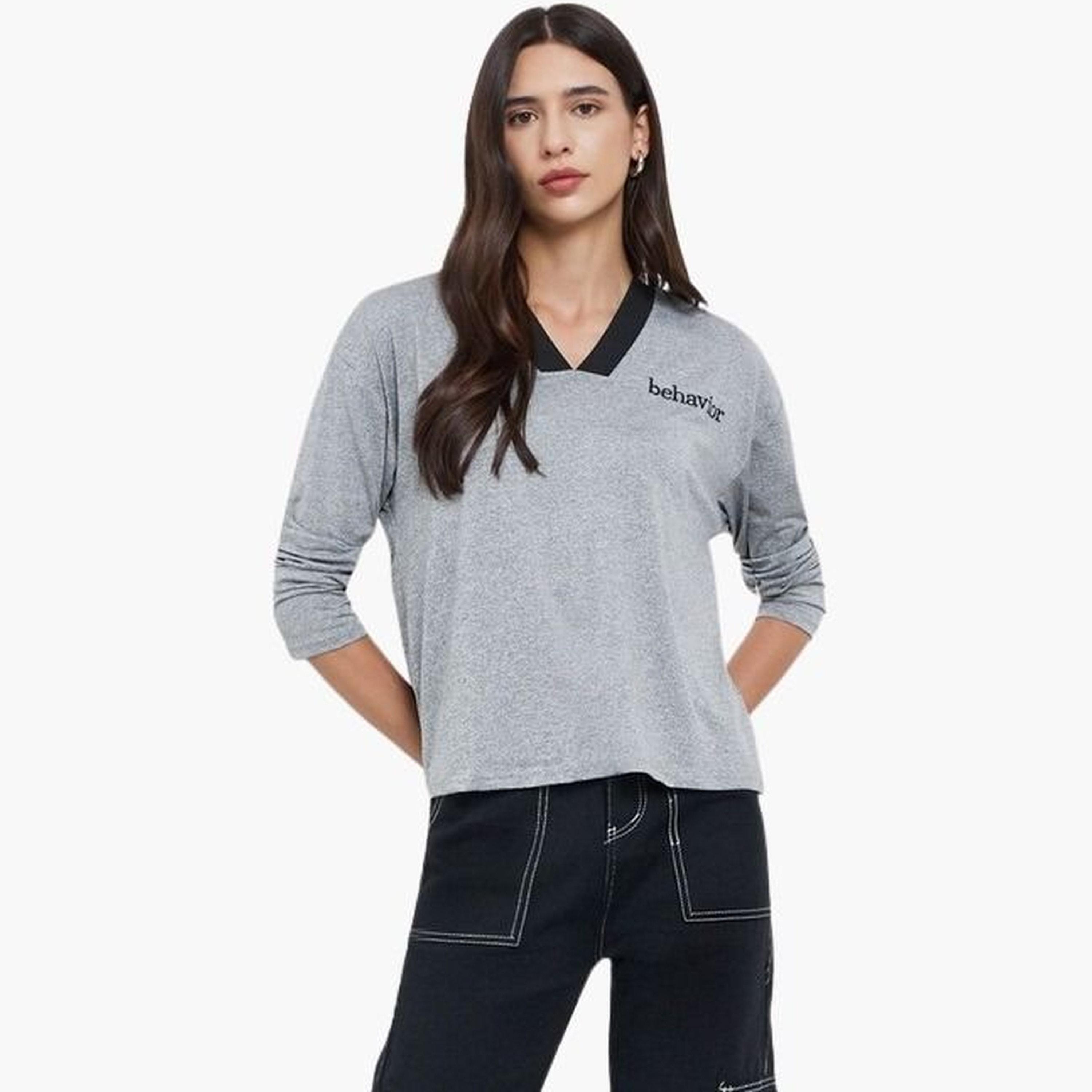 Styli Women Grey Embroidered Slogan T-Shirt-women-clothing-tshirts-image-1
