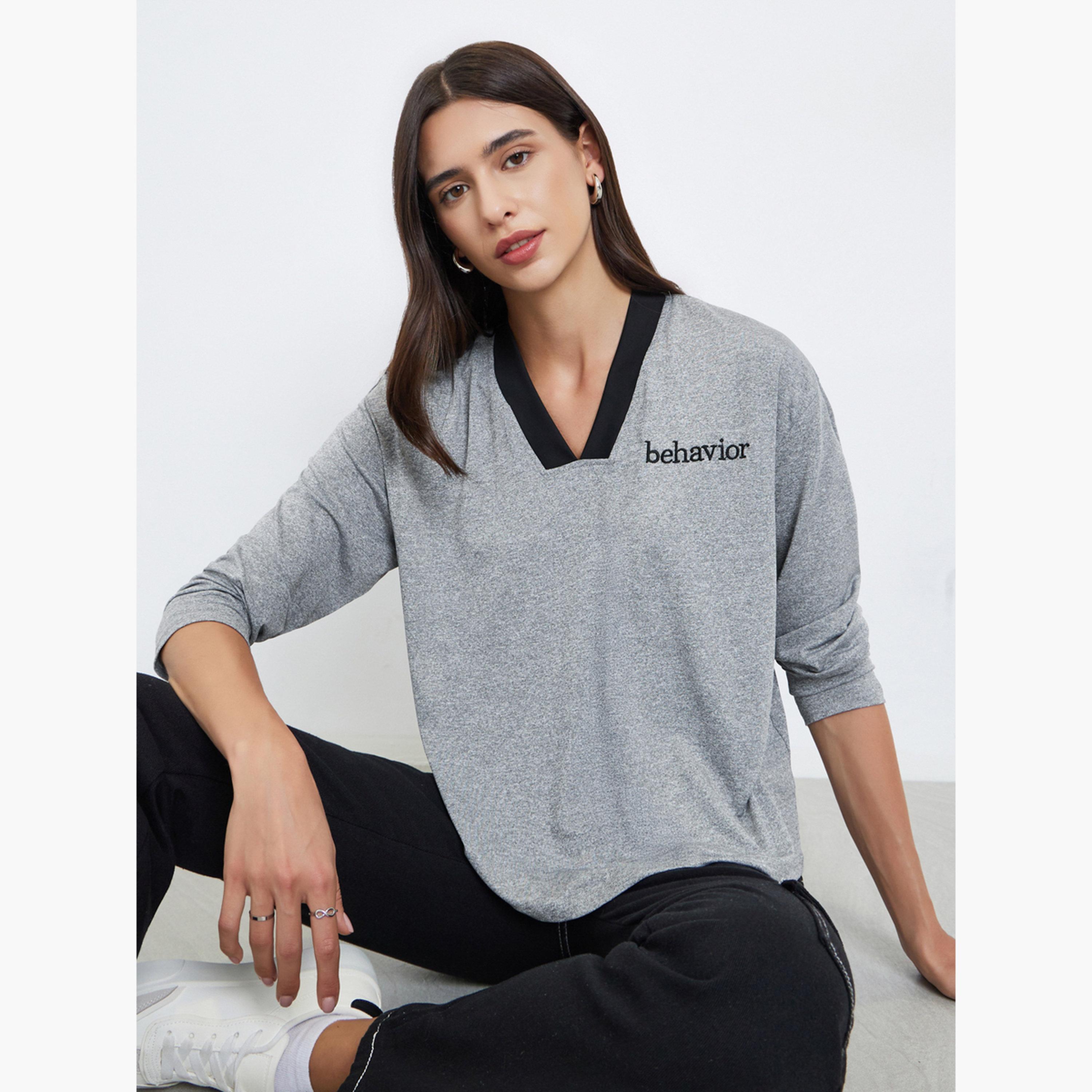 Styli Women Grey Embroidered Slogan T-Shirt-women-clothing-tshirts-image-2