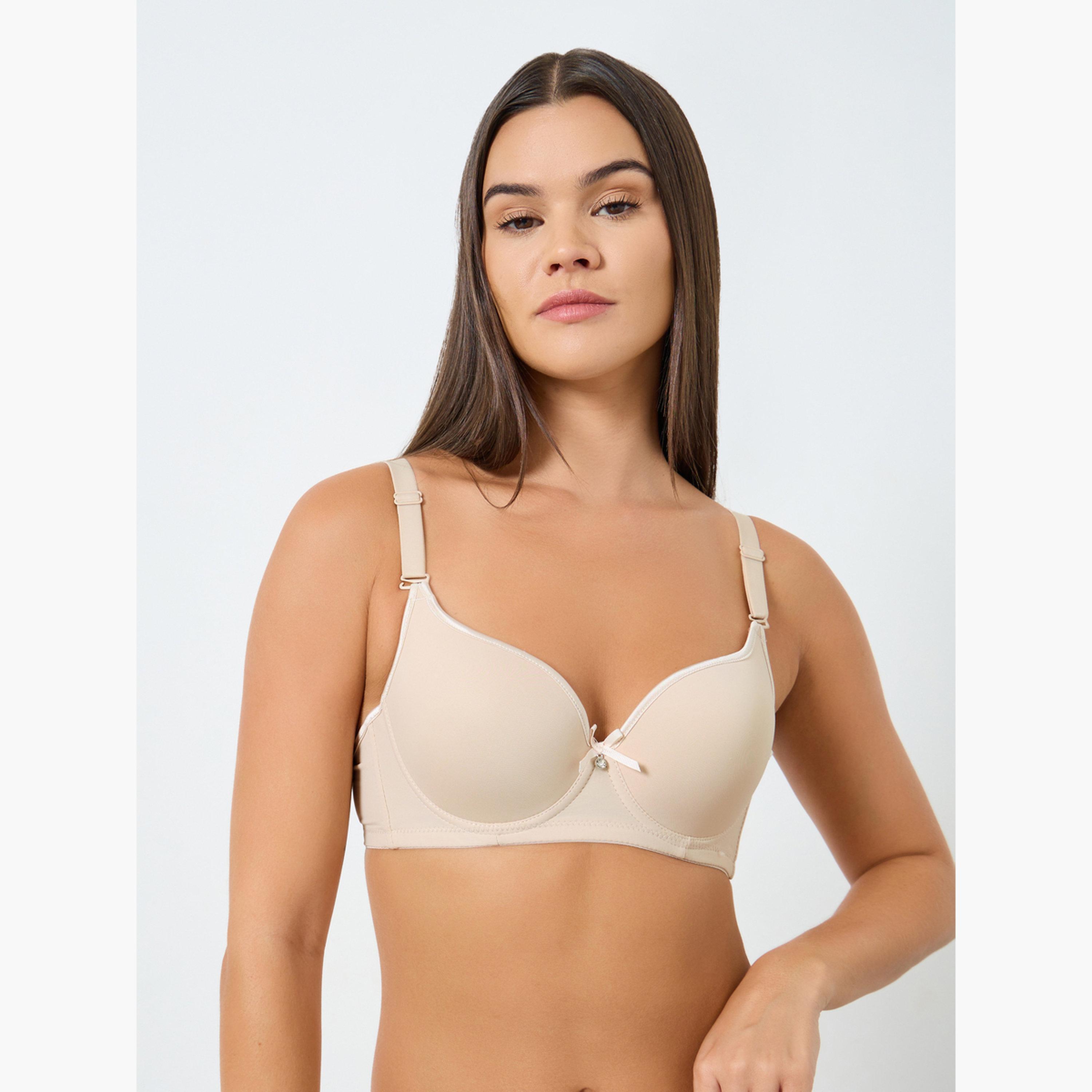 ستايلي - حمالة صدر مبطنة سلكية سادة مع كوب مزخرف - قطعتين-women-clothing-lingerie-bras-image-2