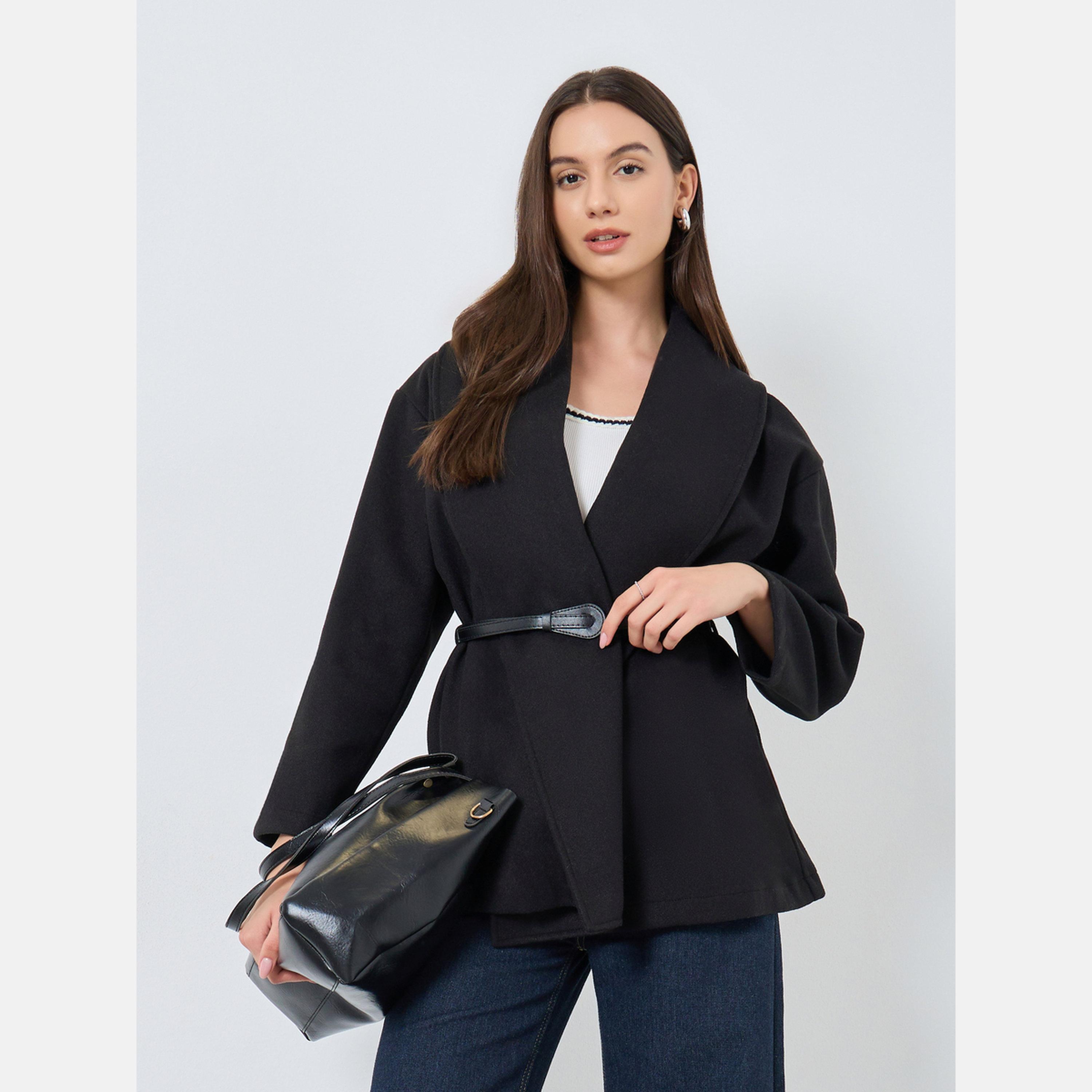 Take Two Black Solid Wool Like Shawl Collar Long Sleeve Women's Belted Wrap Coat-women-winterwear-cardigansandjumpers-cardigans-image-1