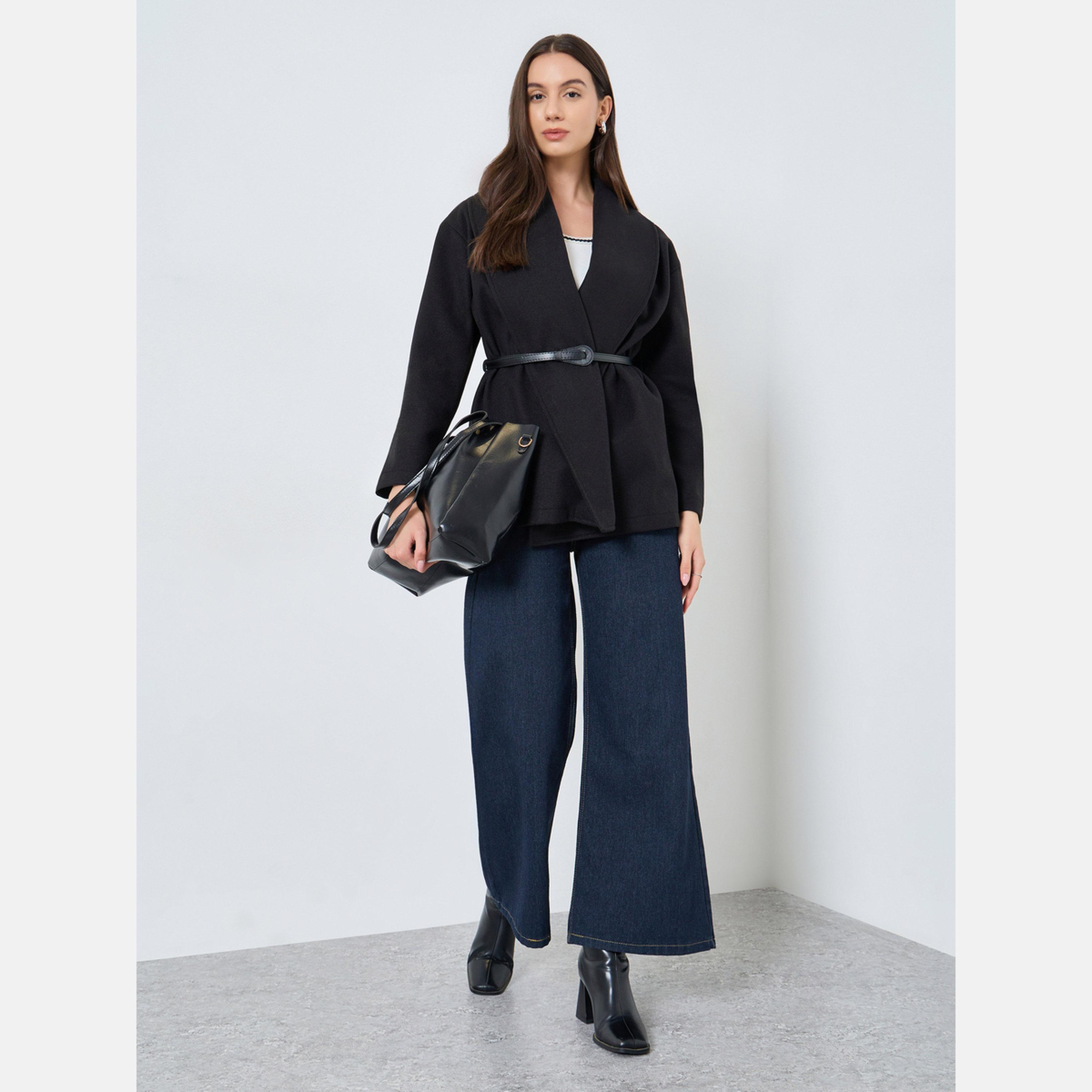 Take Two Black Solid Wool Like Shawl Collar Long Sleeve Women's Belted Wrap Coat-women-winterwear-cardigansandjumpers-cardigans-image-2