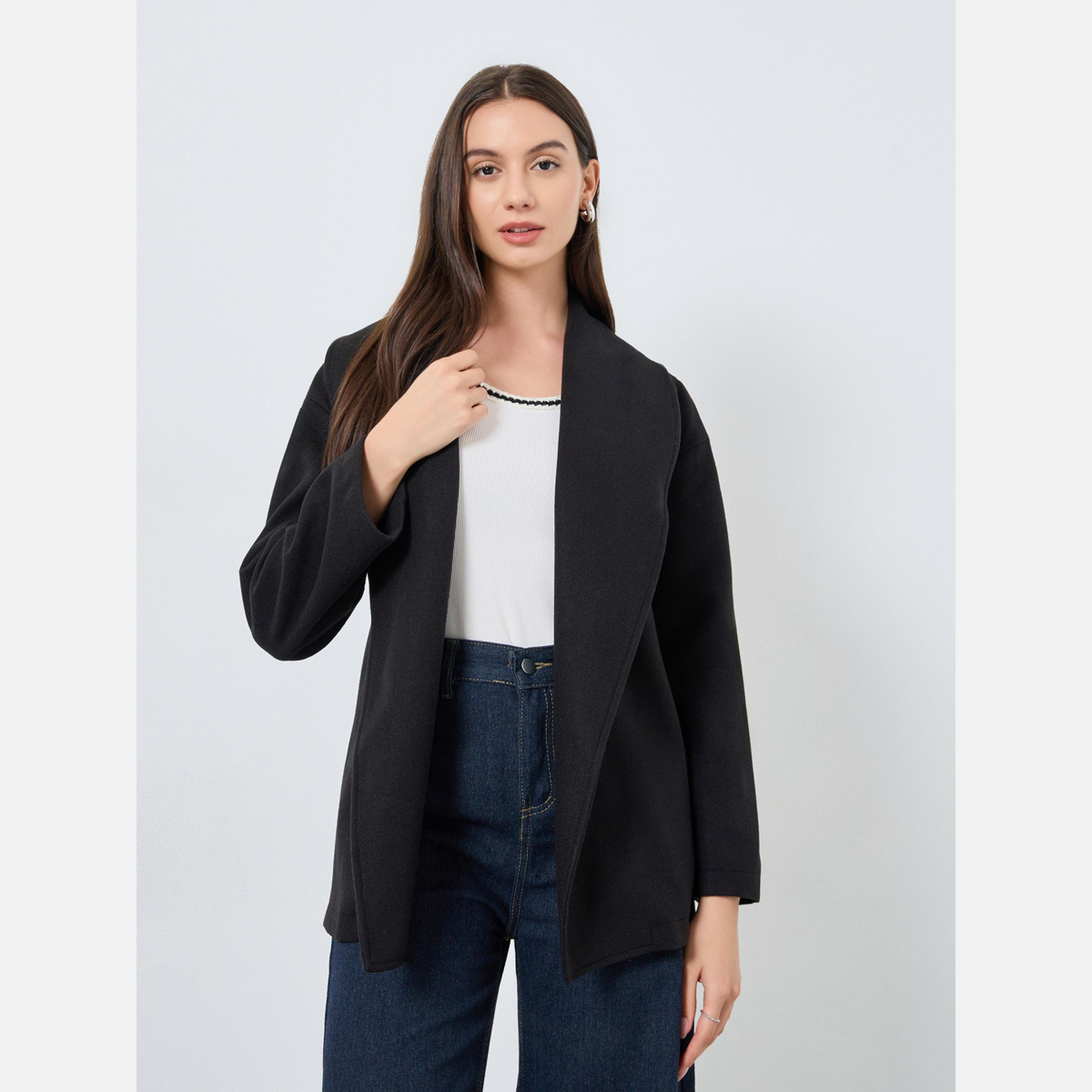 Take Two Black Solid Wool Like Shawl Collar Long Sleeve Women's Belted Wrap Coat-women-winterwear-cardigansandjumpers-cardigans-image-3