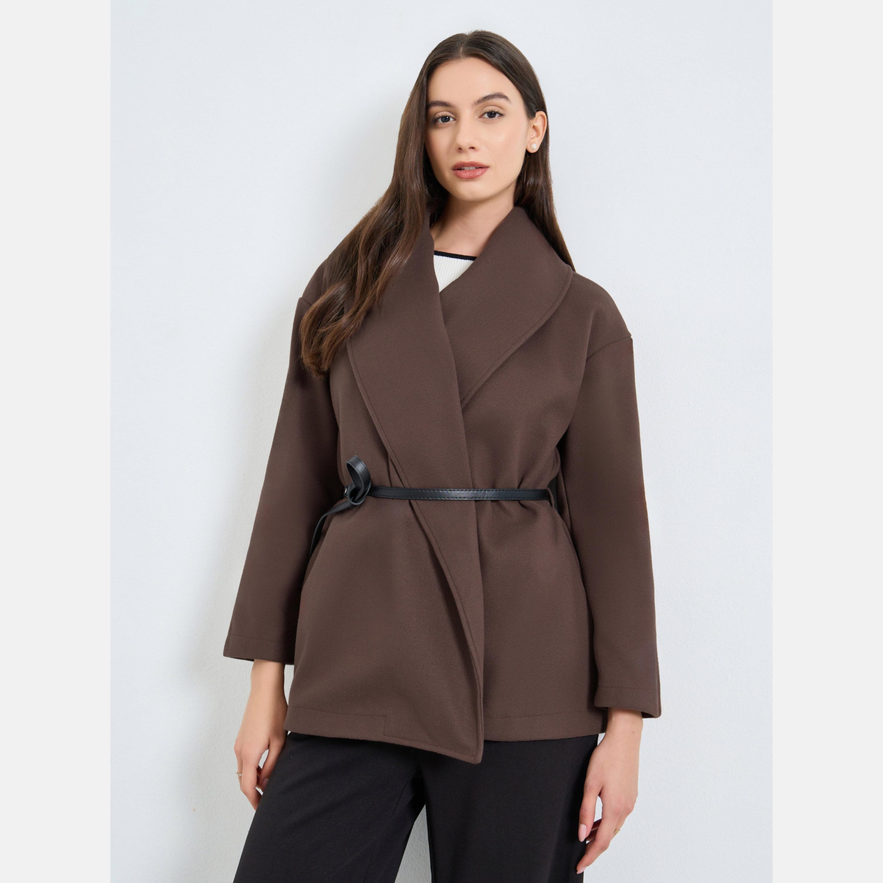 تيك تو - معطف لفّ نسائي لون بني سادة تصميم صوف ياقة شال وأكمام طويلة مع حزام-women-winterwear-cardigansandjumpers-cardigans-image-1