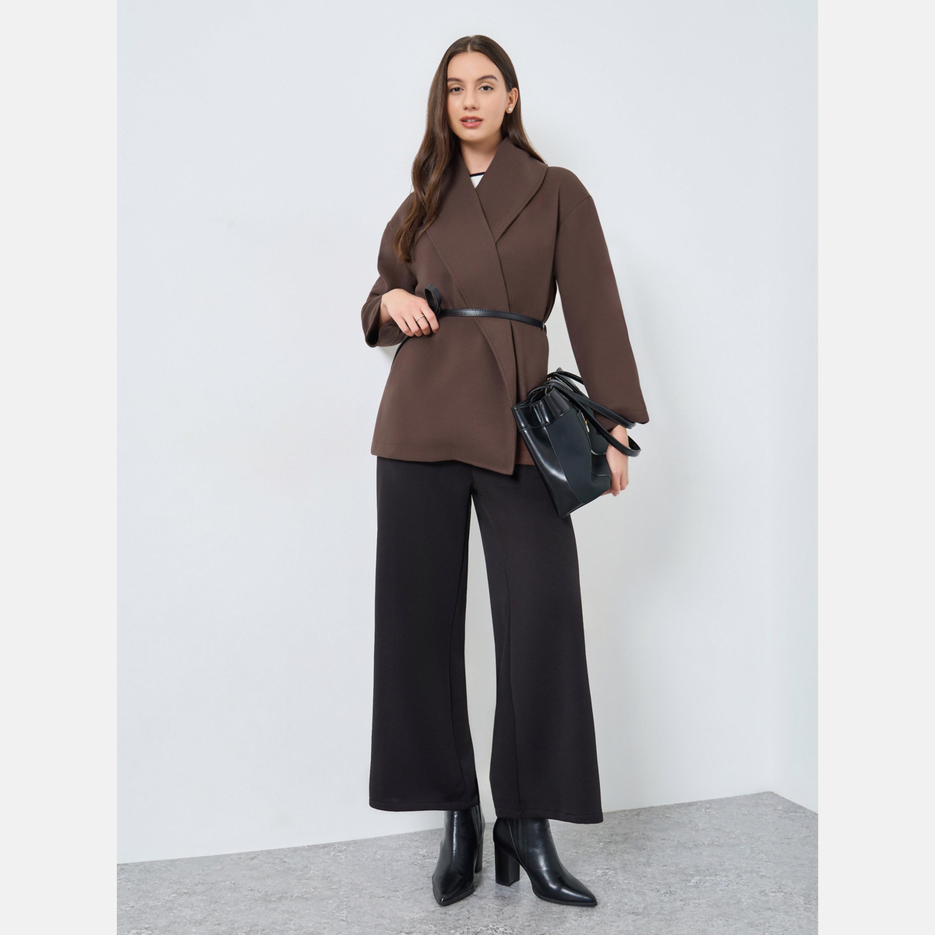 تيك تو - معطف لفّ نسائي لون بني سادة تصميم صوف ياقة شال وأكمام طويلة مع حزام-women-winterwear-cardigansandjumpers-cardigans-image-2