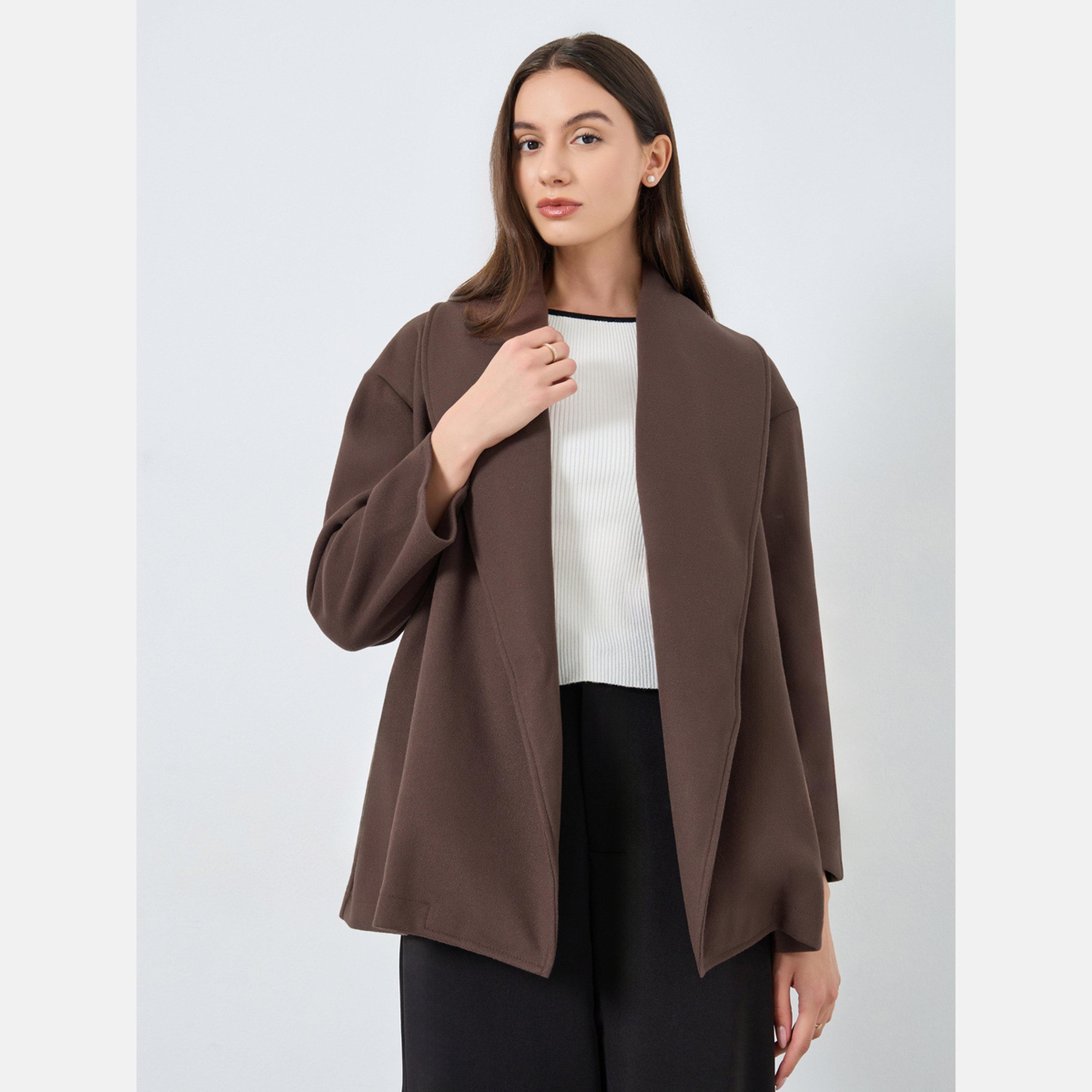 تيك تو - معطف لفّ نسائي لون بني سادة تصميم صوف ياقة شال وأكمام طويلة مع حزام-women-winterwear-cardigansandjumpers-cardigans-image-3