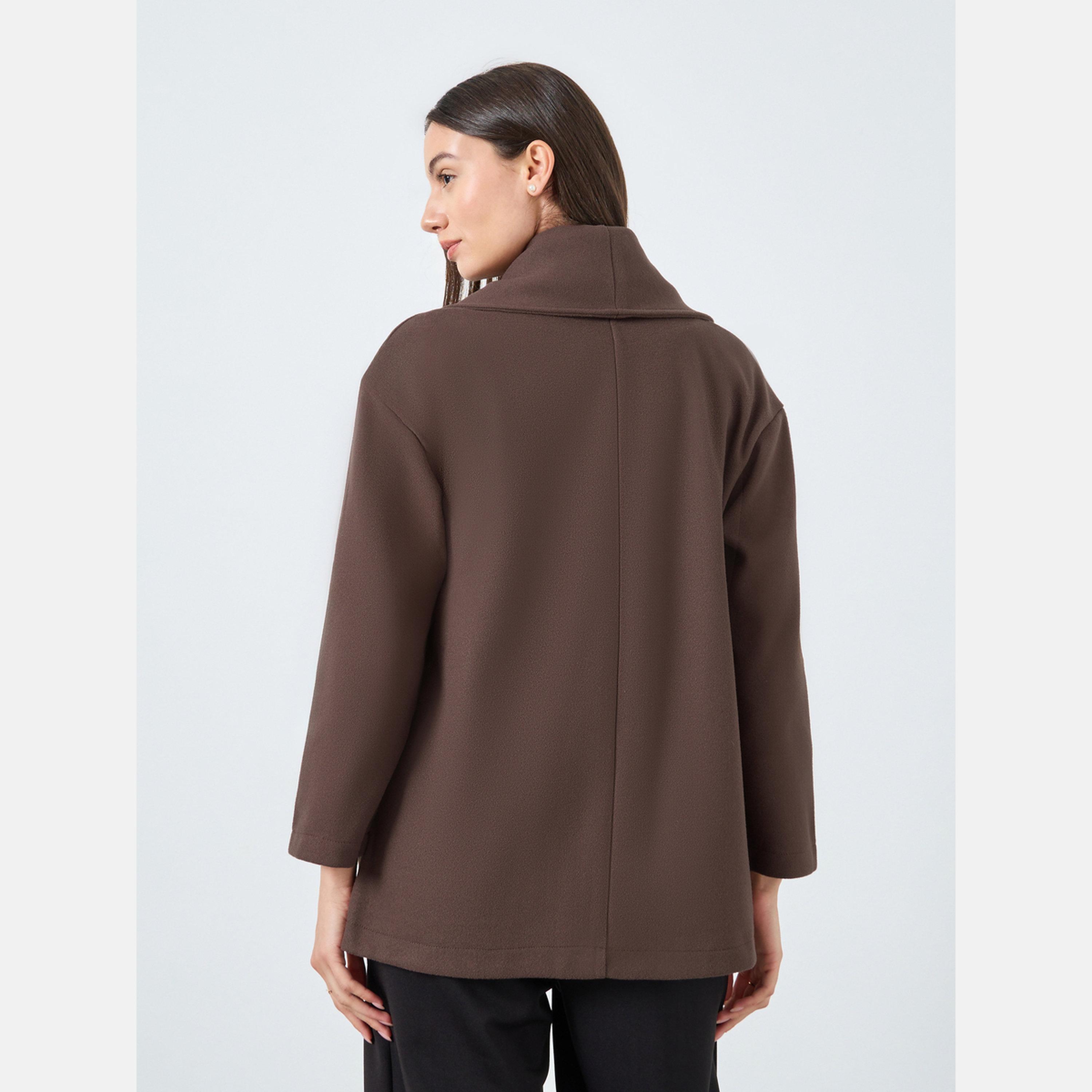تيك تو - معطف لفّ نسائي لون بني سادة تصميم صوف ياقة شال وأكمام طويلة مع حزام-women-winterwear-cardigansandjumpers-cardigans-image-5