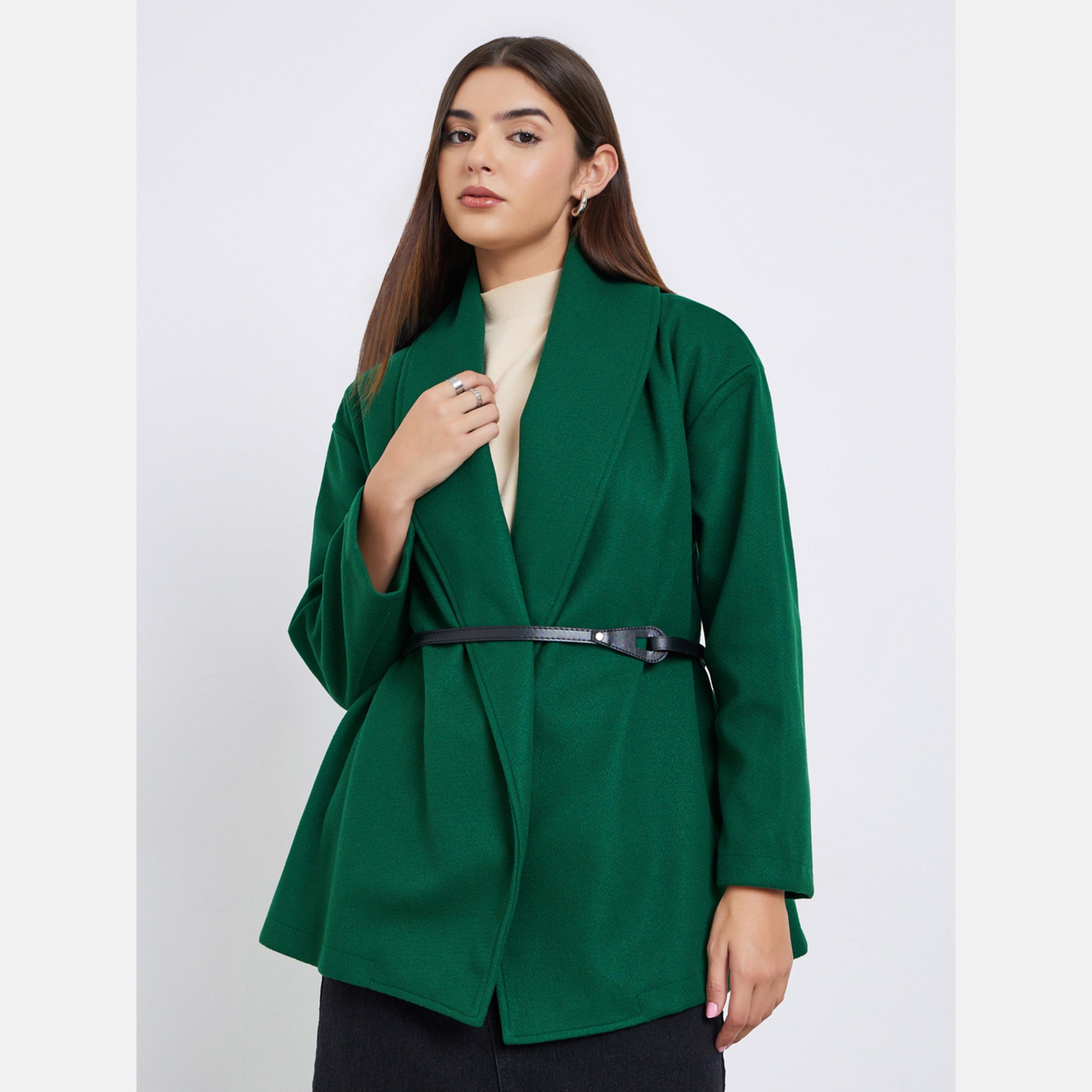 تيك تو - معطف نسائي طويل الأكمام بياقة شال من الصوف بلون أخضر داكن مع حزام-women-winterwear-cardigansandjumpers-cardigans-image-1
