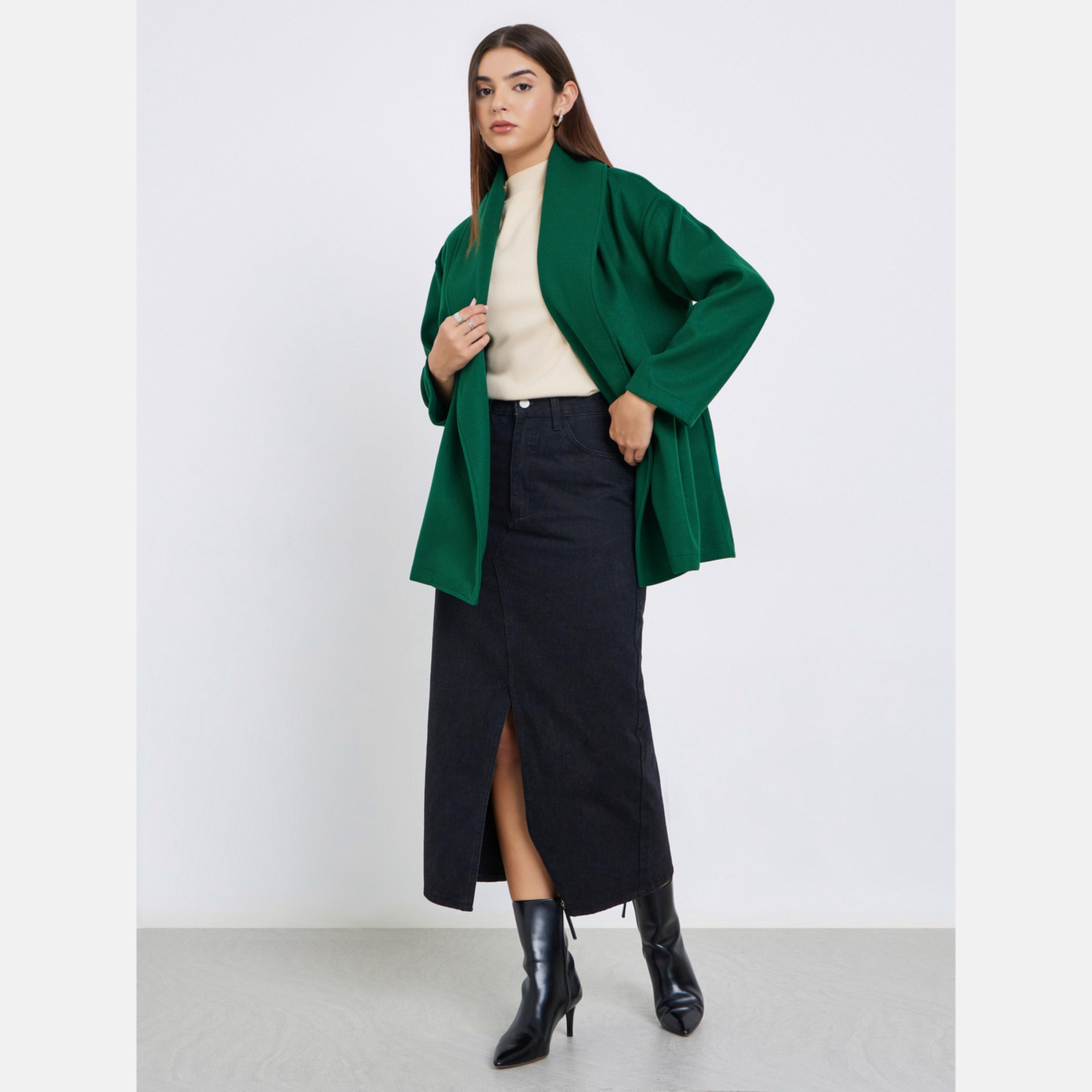 تيك تو - معطف نسائي طويل الأكمام بياقة شال من الصوف بلون أخضر داكن مع حزام-women-winterwear-cardigansandjumpers-cardigans-image-2