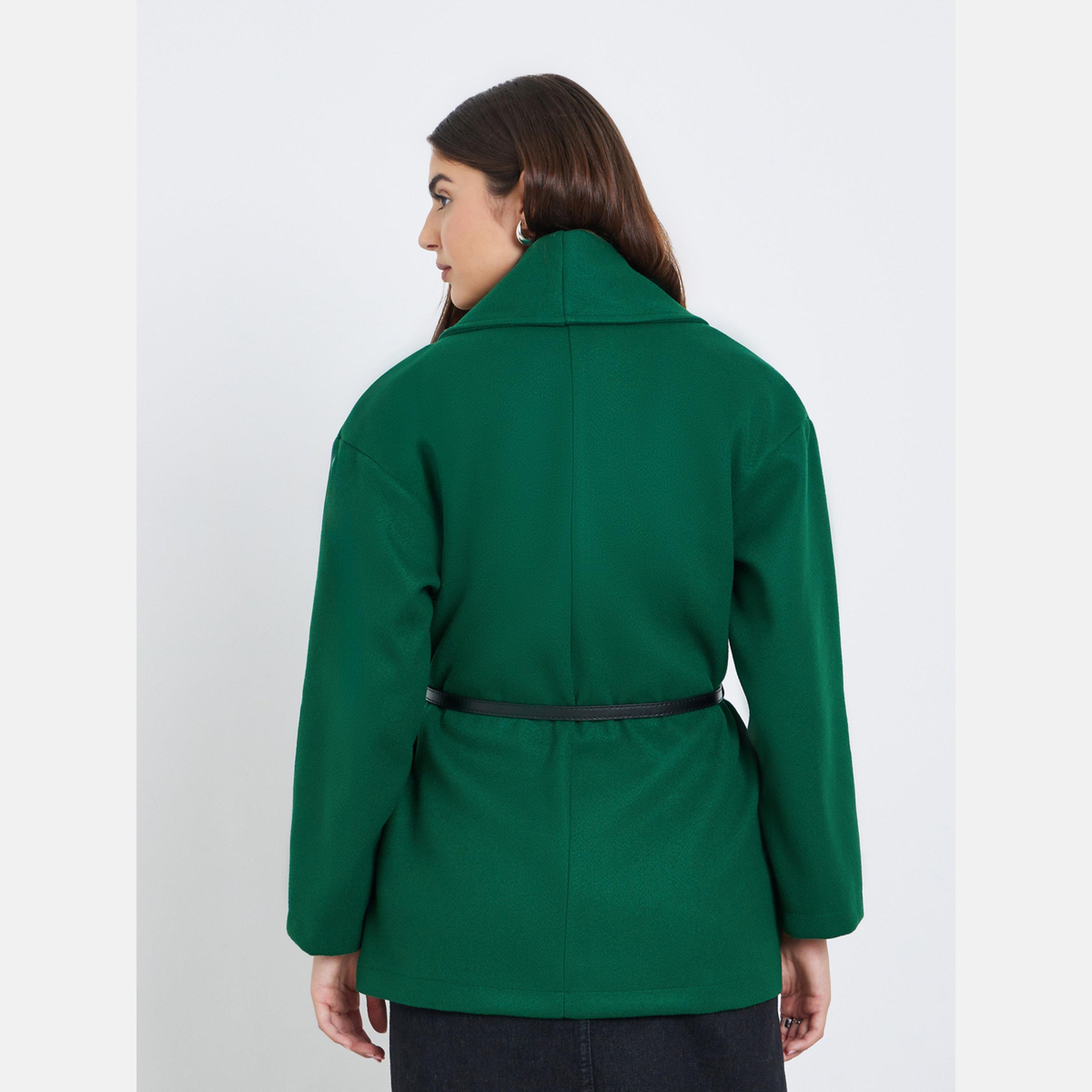 تيك تو - معطف نسائي طويل الأكمام بياقة شال من الصوف بلون أخضر داكن مع حزام-women-winterwear-cardigansandjumpers-cardigans-image-4