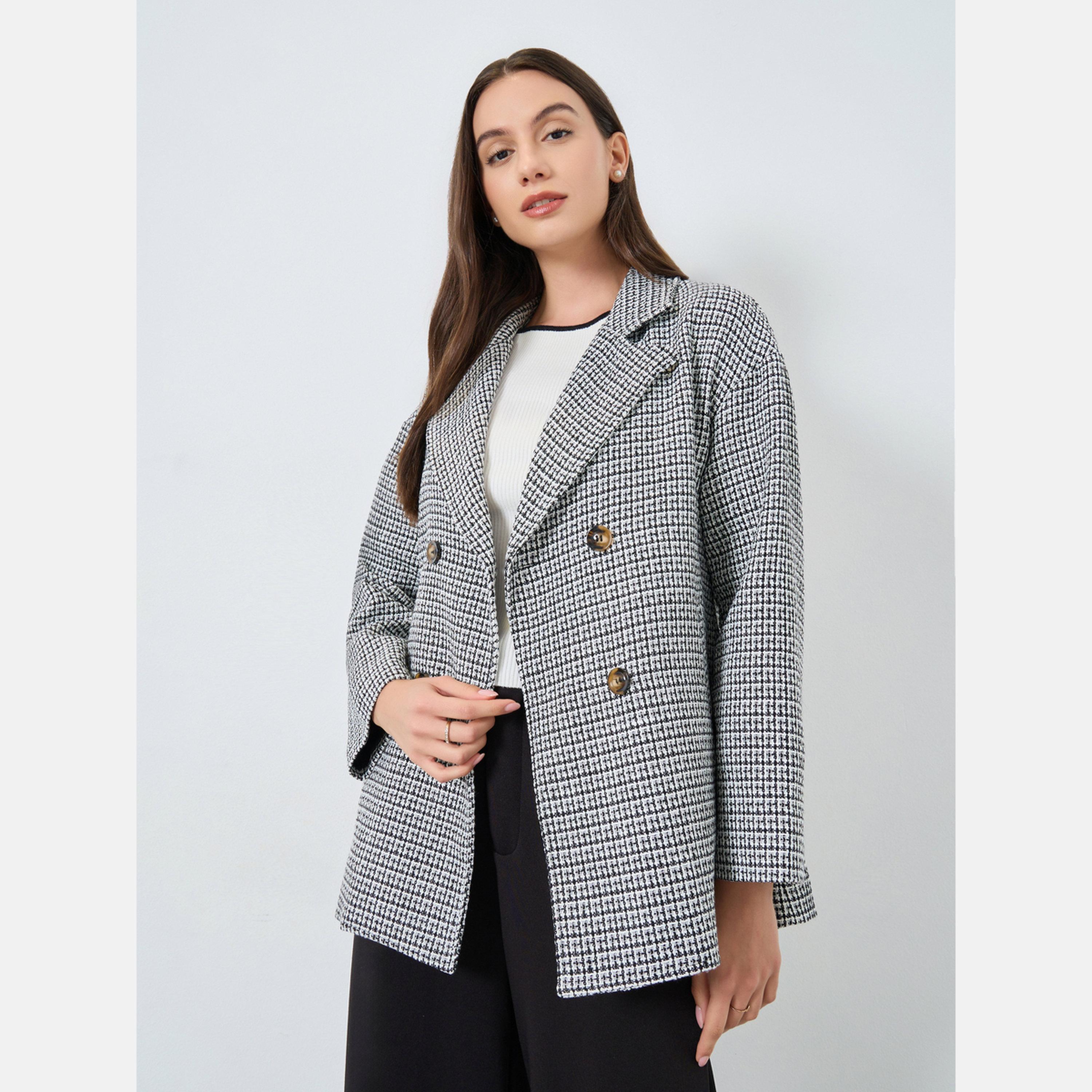 Take Two Houndstooth Print Collared Long Sleeves Women's Double-Breasted Blazer-women-clothing-coatsandjackets-blazers-image-1