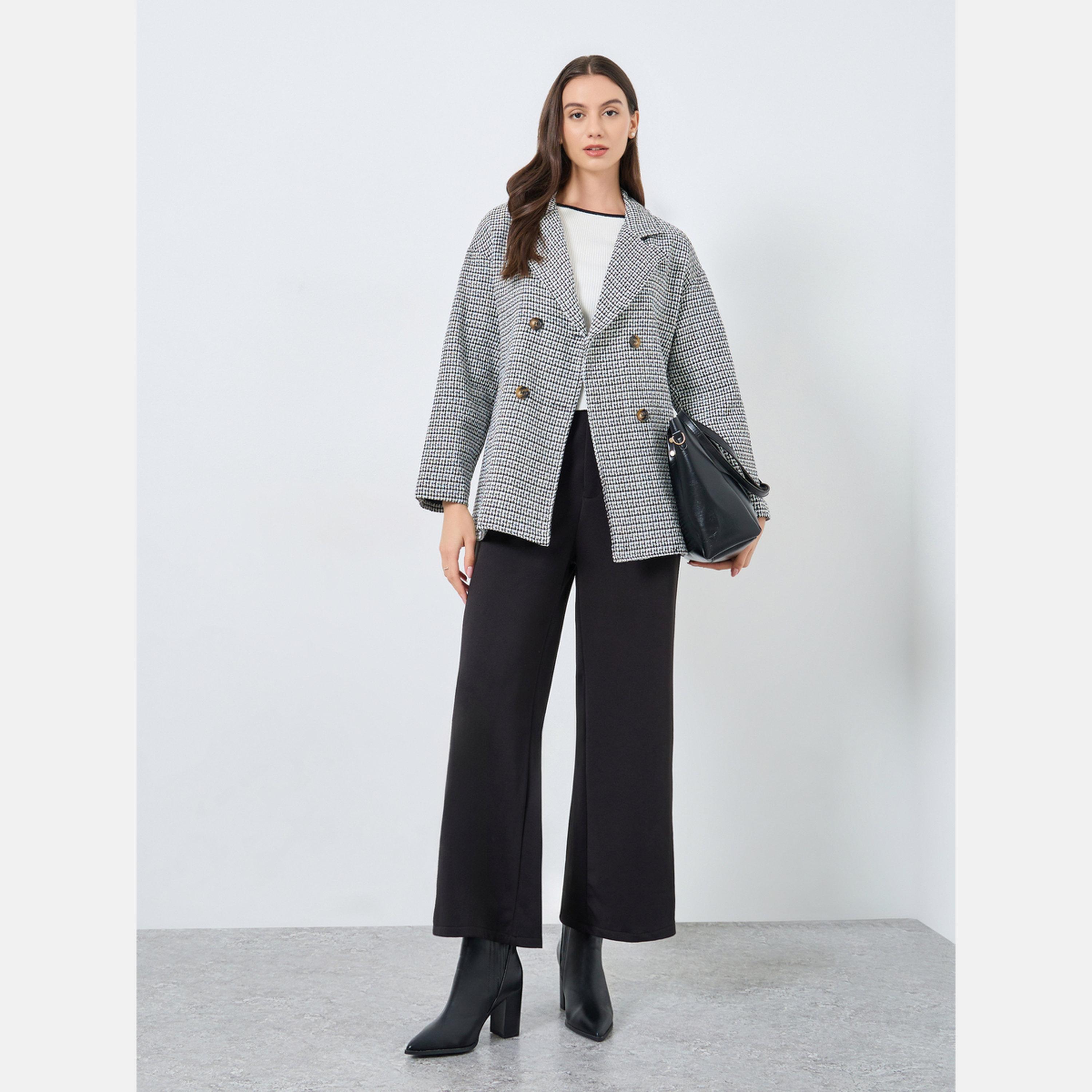 تيك تو - بليزر نسائي صفين أزرار بأكمام طويلة وياقة مطبوعة بنقشة مربعات-women-clothing-coatsandjackets-blazers-image-2