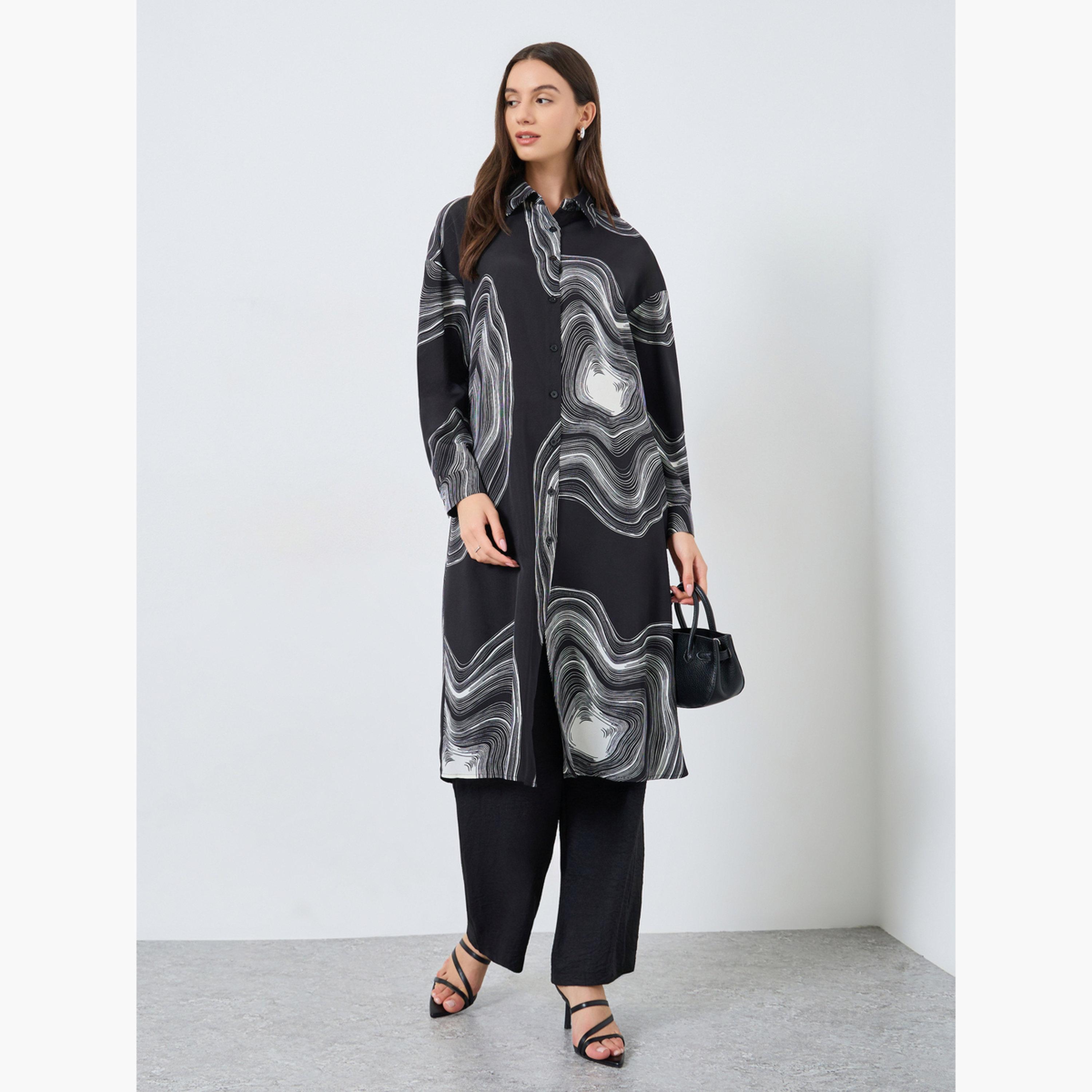 تيك تو - قميص وبنطال طويلان بطبعة رخامية سوداء-women-clothing-coordsets-image-1