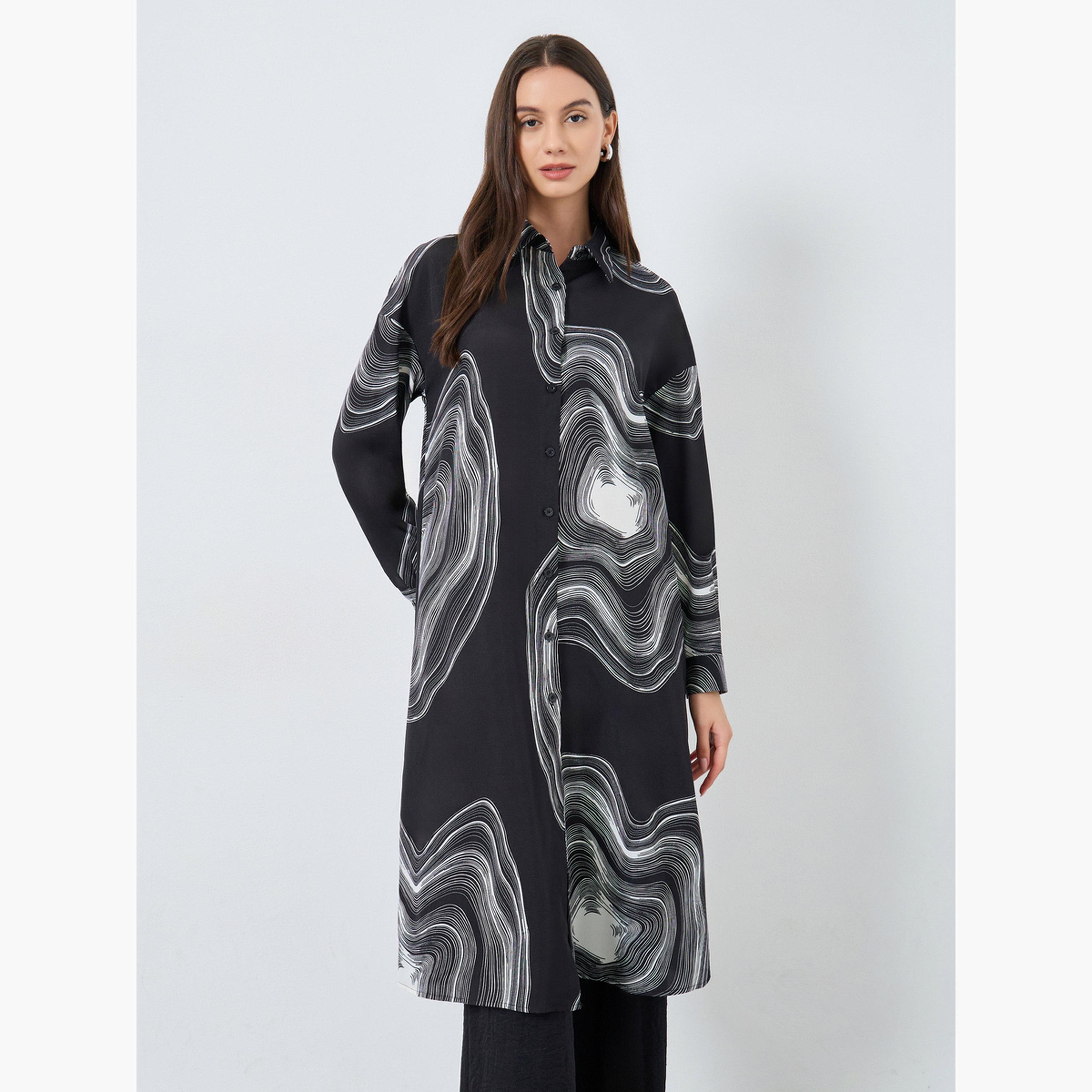 Take Two Black Marble Print Longline Shirt and Pants Co-Ords-women-clothing-coordsets-image-2