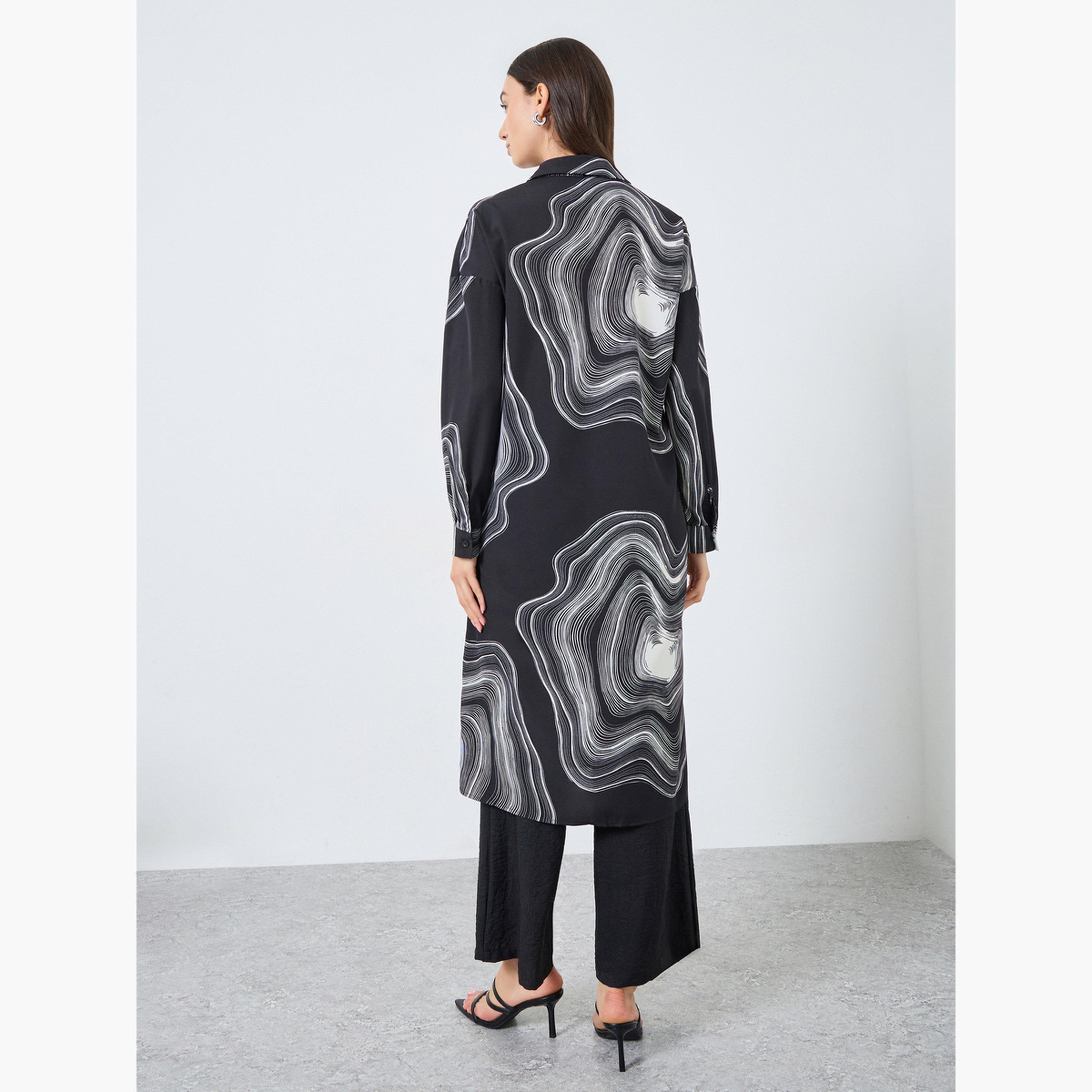 Take Two Black Marble Print Longline Shirt and Pants Co-Ords-women-clothing-coordsets-image-3
