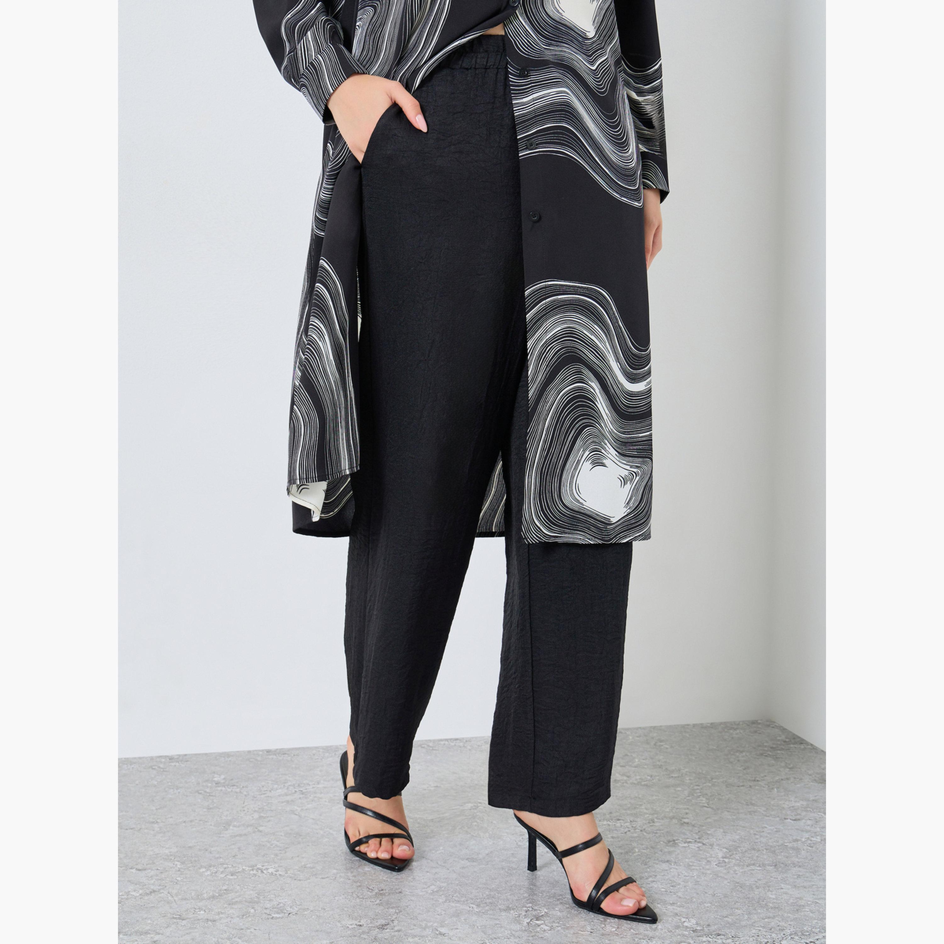 تيك تو - قميص وبنطال طويلان بطبعة رخامية سوداء-women-clothing-coordsets-image-4