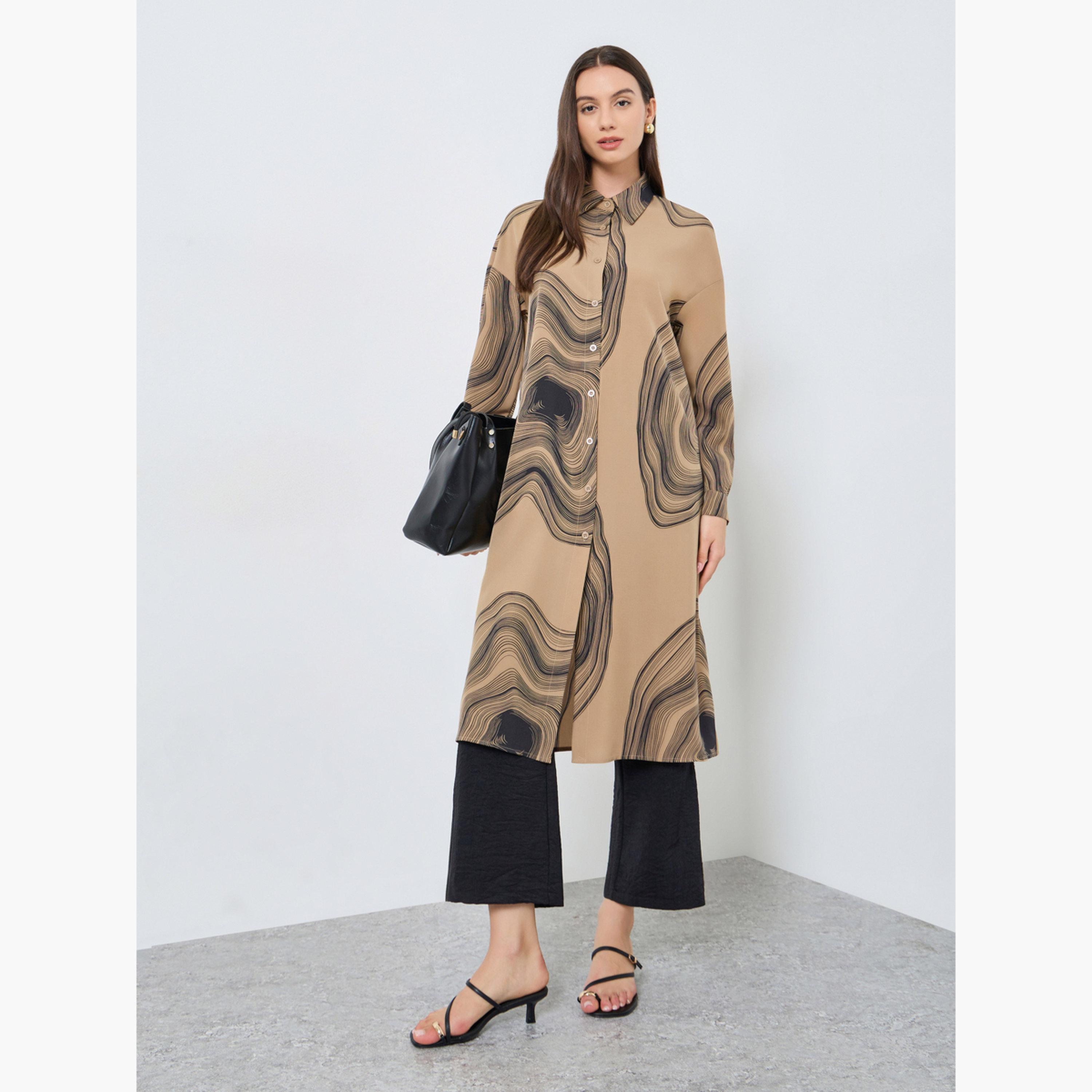 تيك تو - قميص وبنطال طويلان بطبعة رخامية لون بني-women-clothing-coordsets-image-1