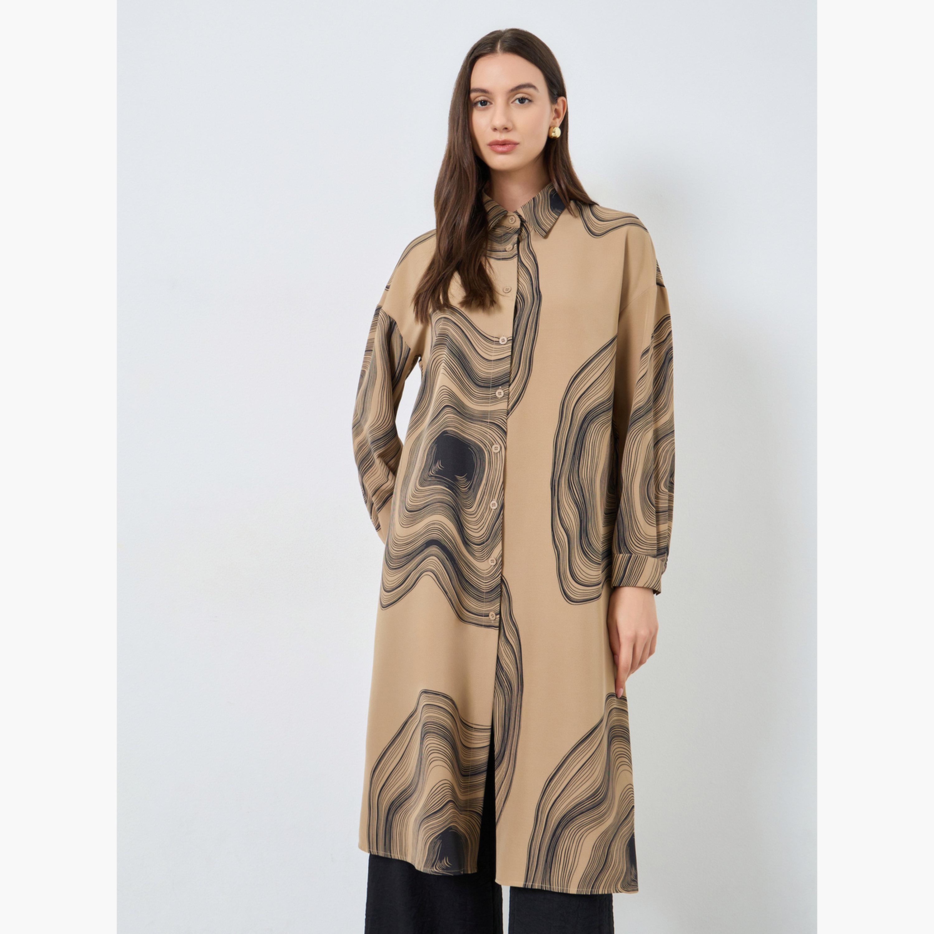 تيك تو - قميص وبنطال طويلان بطبعة رخامية لون بني-women-clothing-coordsets-image-2