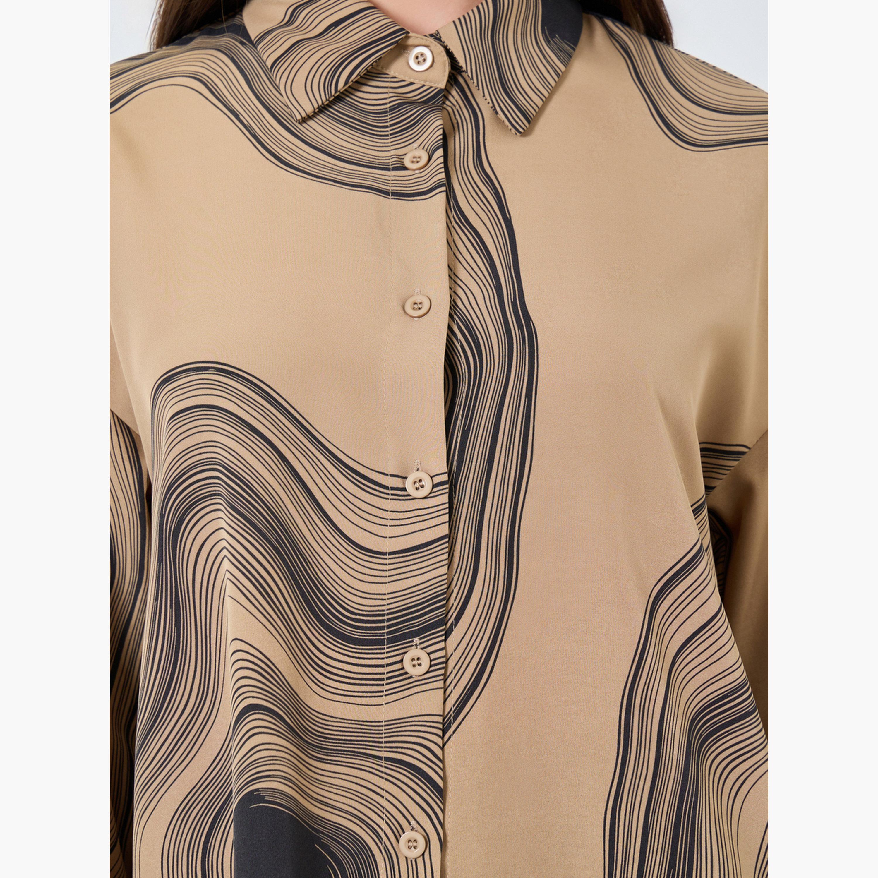 تيك تو - قميص وبنطال طويلان بطبعة رخامية لون بني-women-clothing-coordsets-image-5