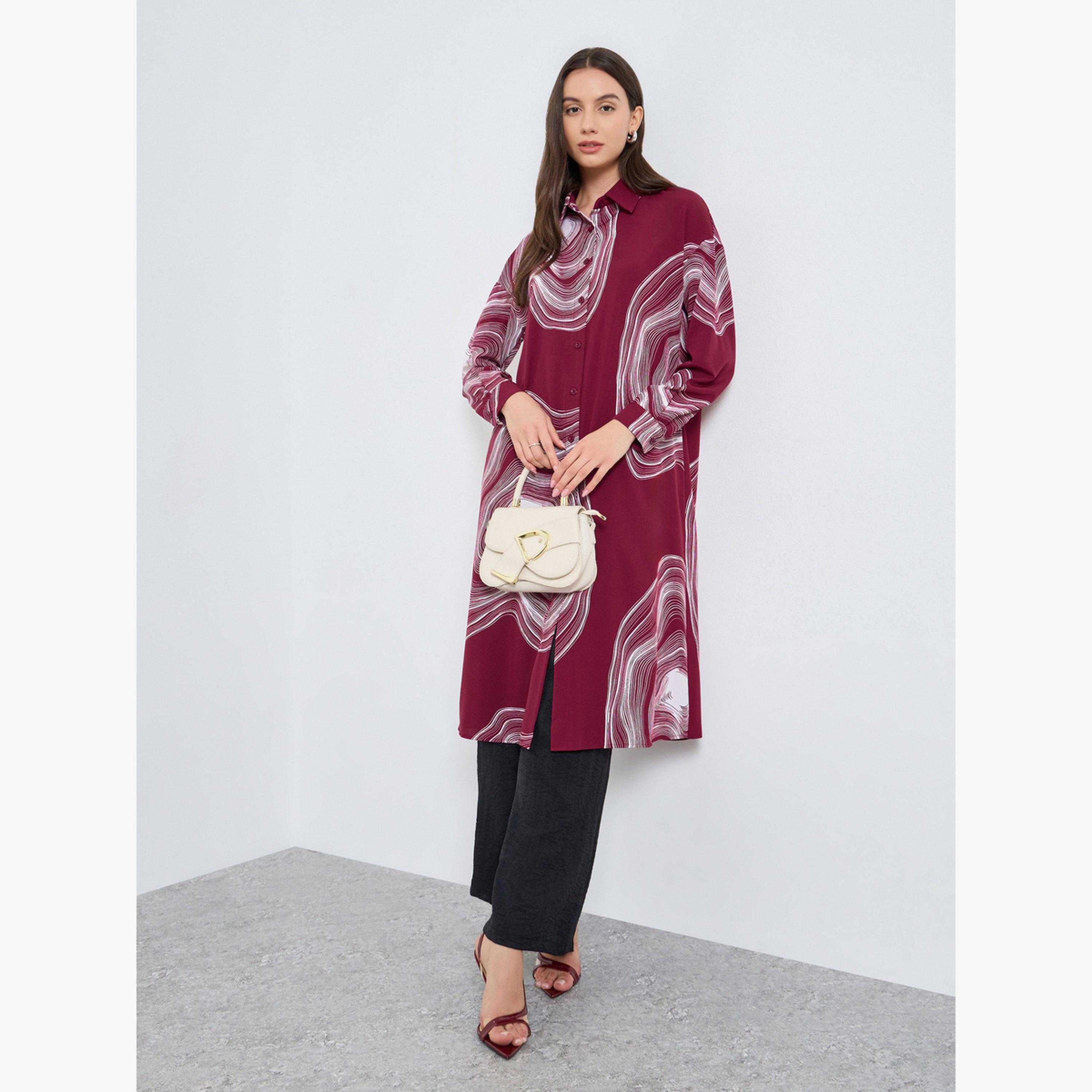 تيك تو - قميص وبنطال طويل طبعة رخامية باللون البرغندي-women-clothing-coordsets-image-1