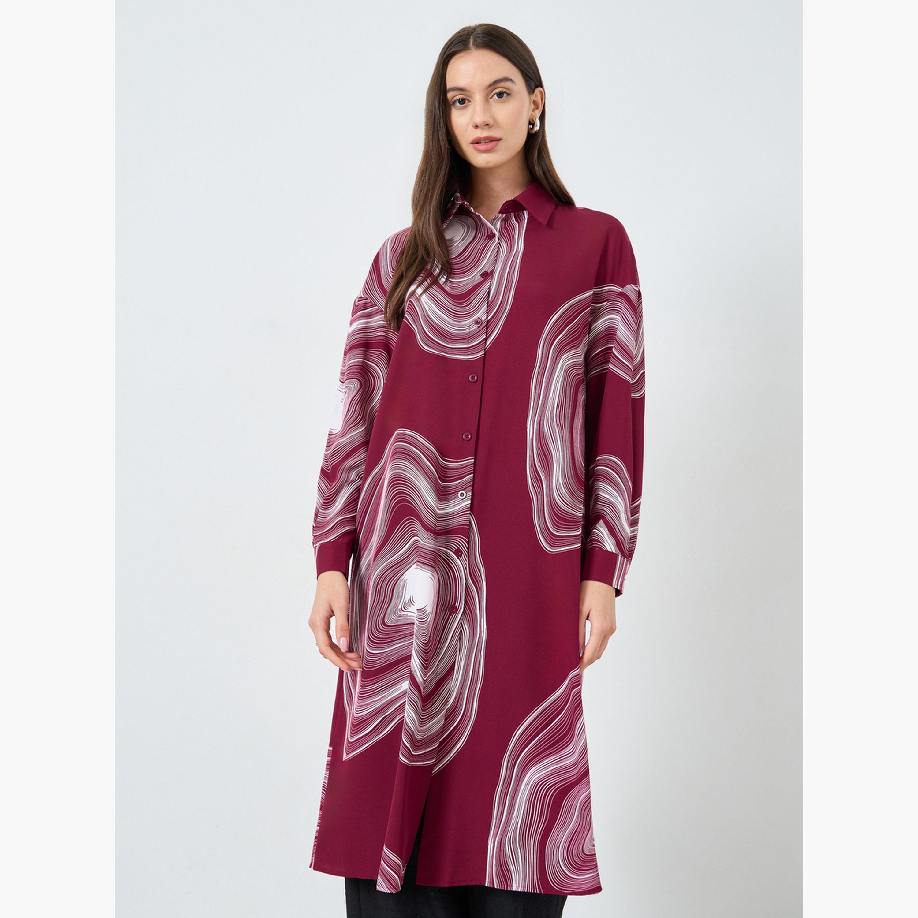 تيك تو - قميص وبنطال طويل طبعة رخامية باللون البرغندي-women-clothing-coordsets-image-2