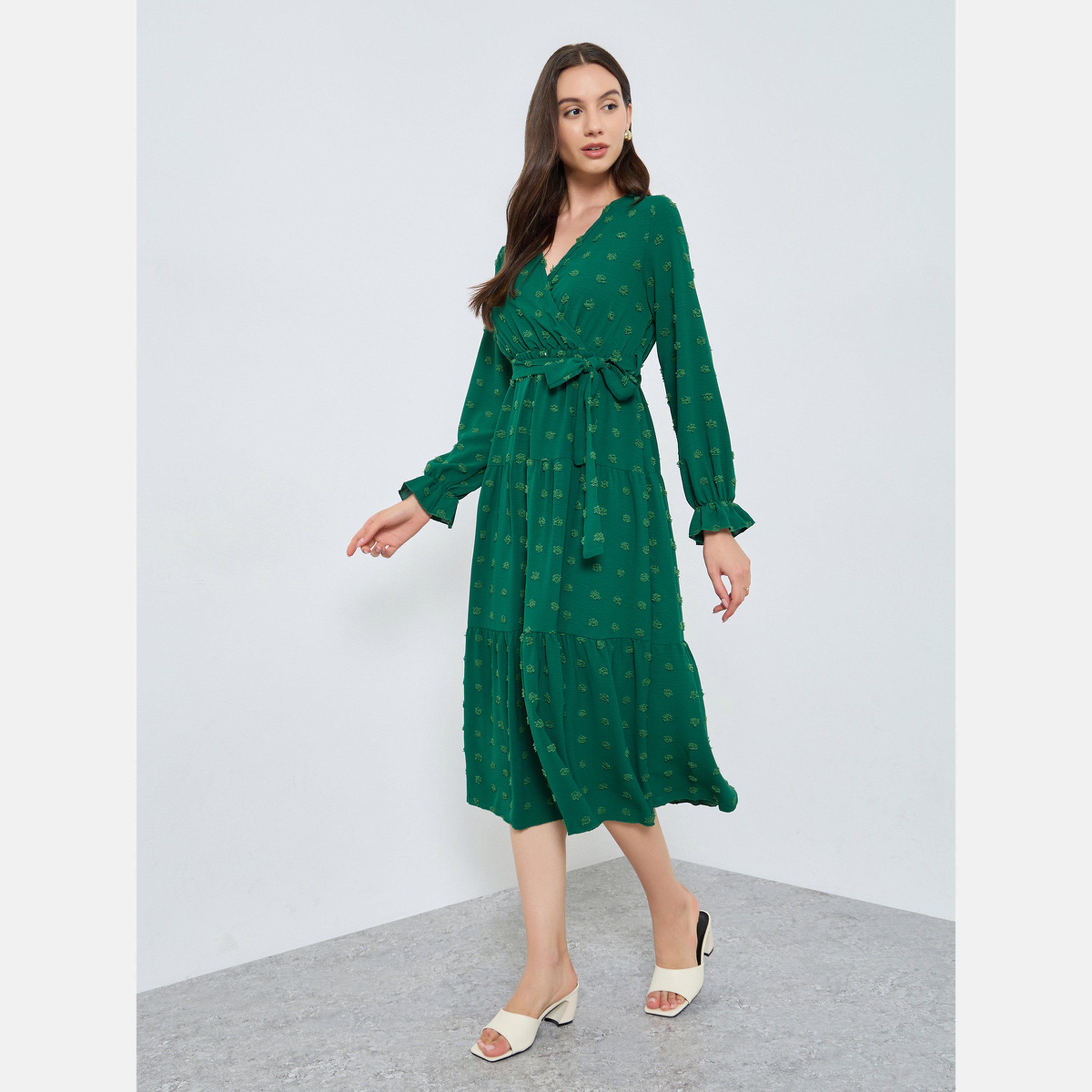Take Two Emerald Green Swiss Dots Detail Midi Dress-women-clothing-dresses-image-2