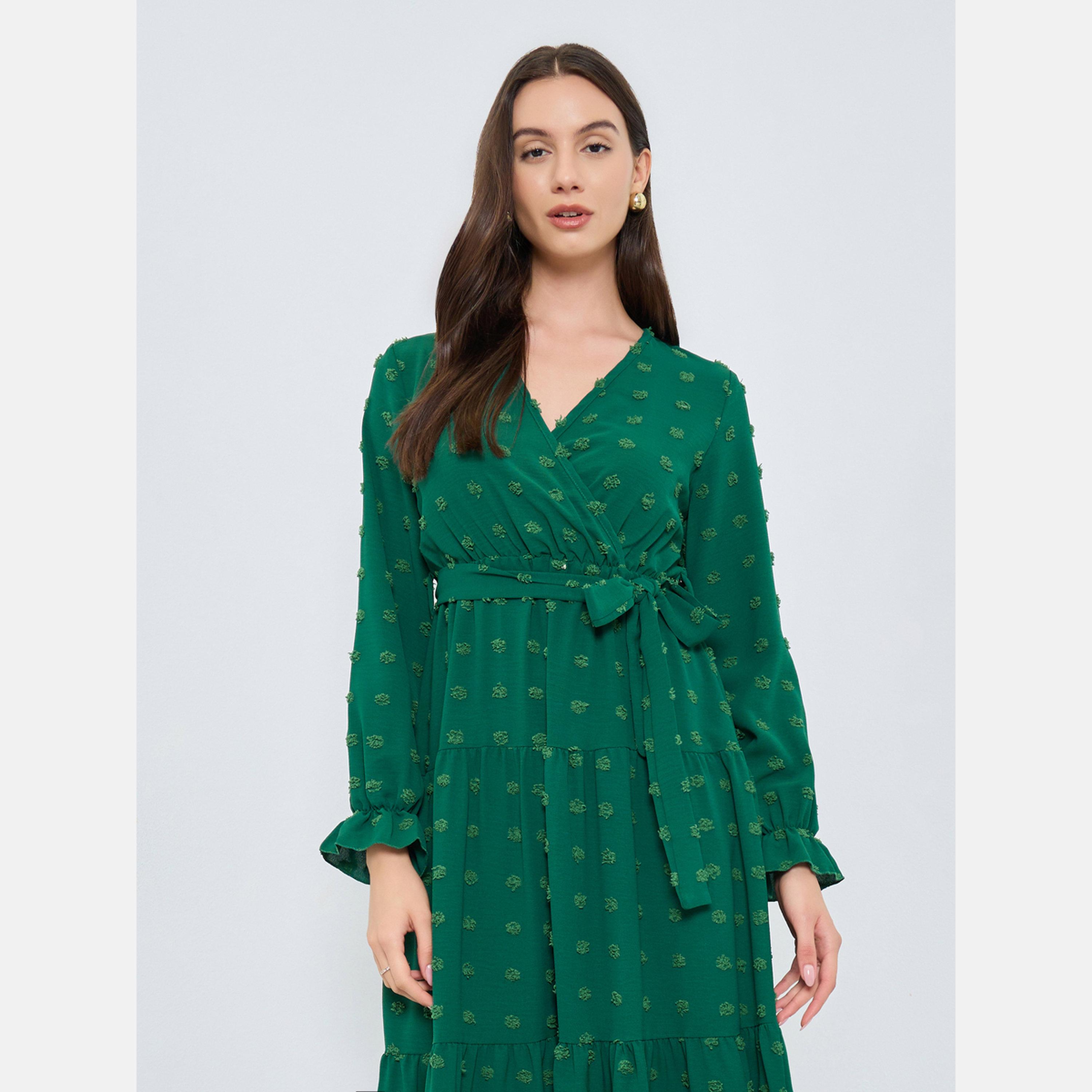 Take Two Emerald Green Swiss Dots Detail Midi Dress-women-clothing-dresses-image-3