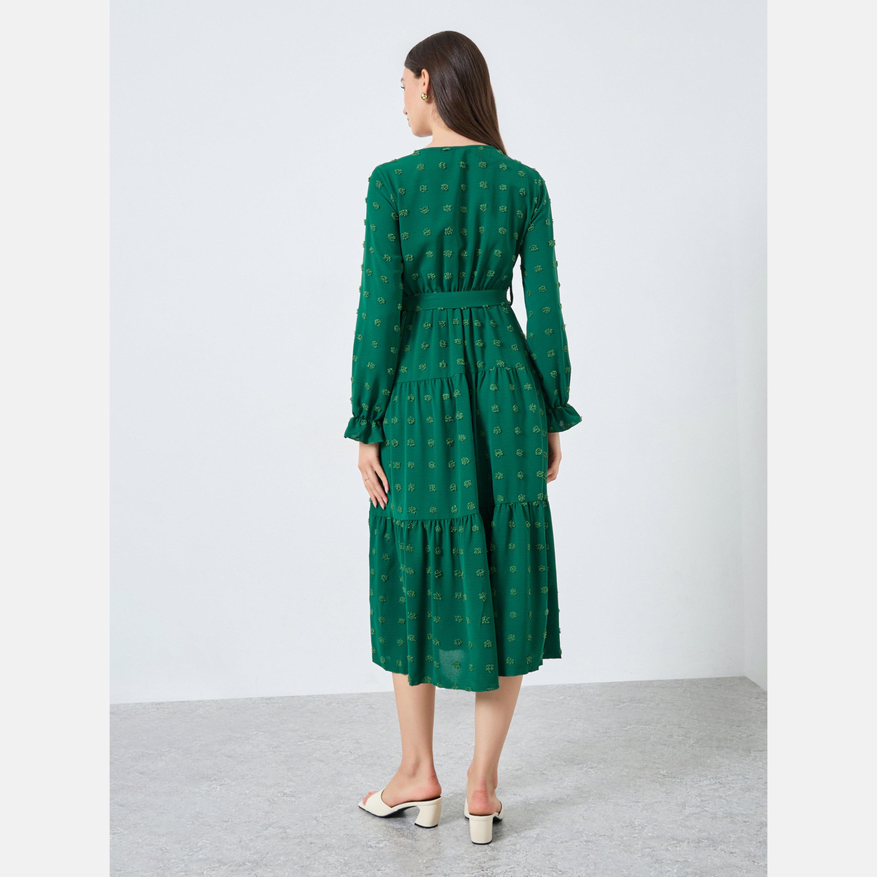 تيك تو - فستان متوسط ​​الطول باللون الأخضر الزمردي مع تفاصيل نقاط سويسرية-women-clothing-dresses-image-5