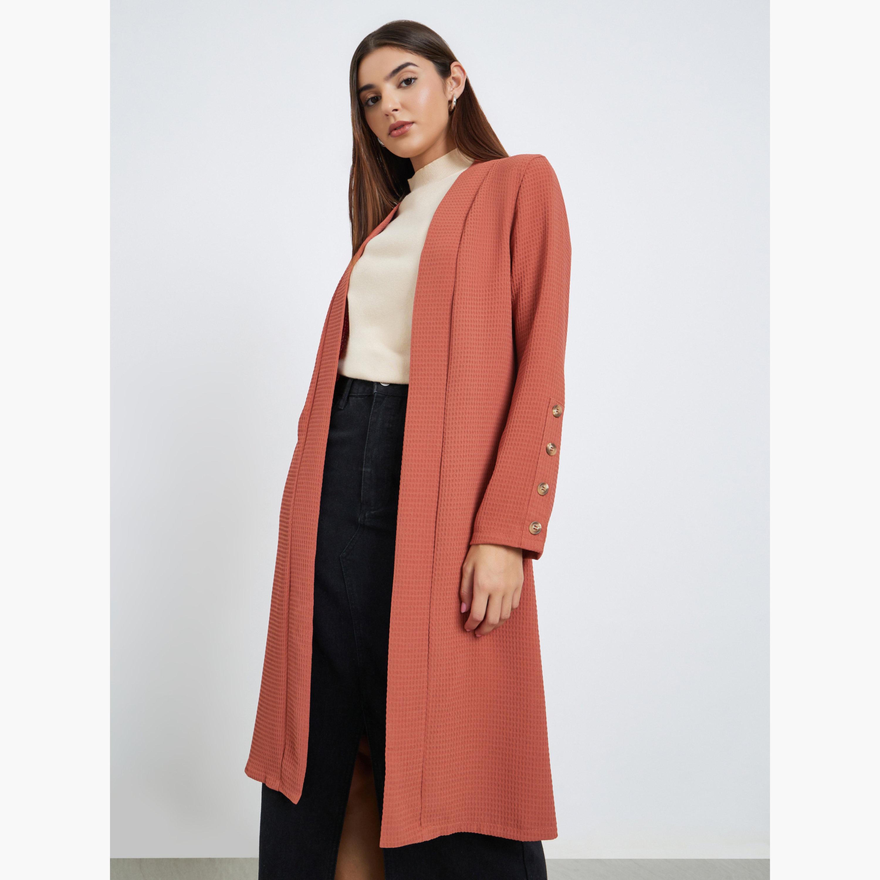 Take Two Rust Textured Shawl Collar Long Sleeves Women's Open Front Kimono-women-winterwear-cardigansandjumpers-cardigans-image-1