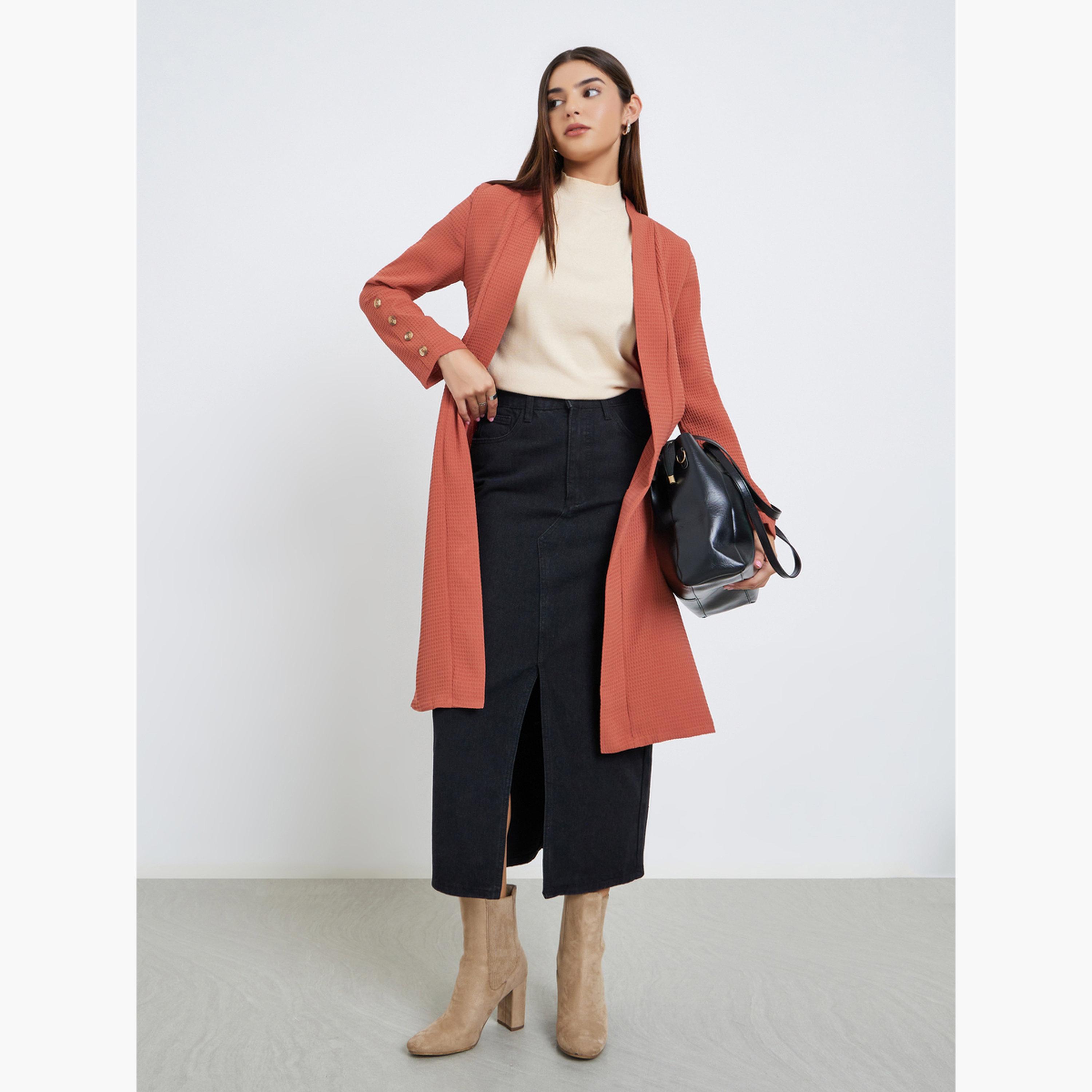Take Two Rust Textured Shawl Collar Long Sleeves Women's Open Front Kimono-women-winterwear-cardigansandjumpers-cardigans-image-2