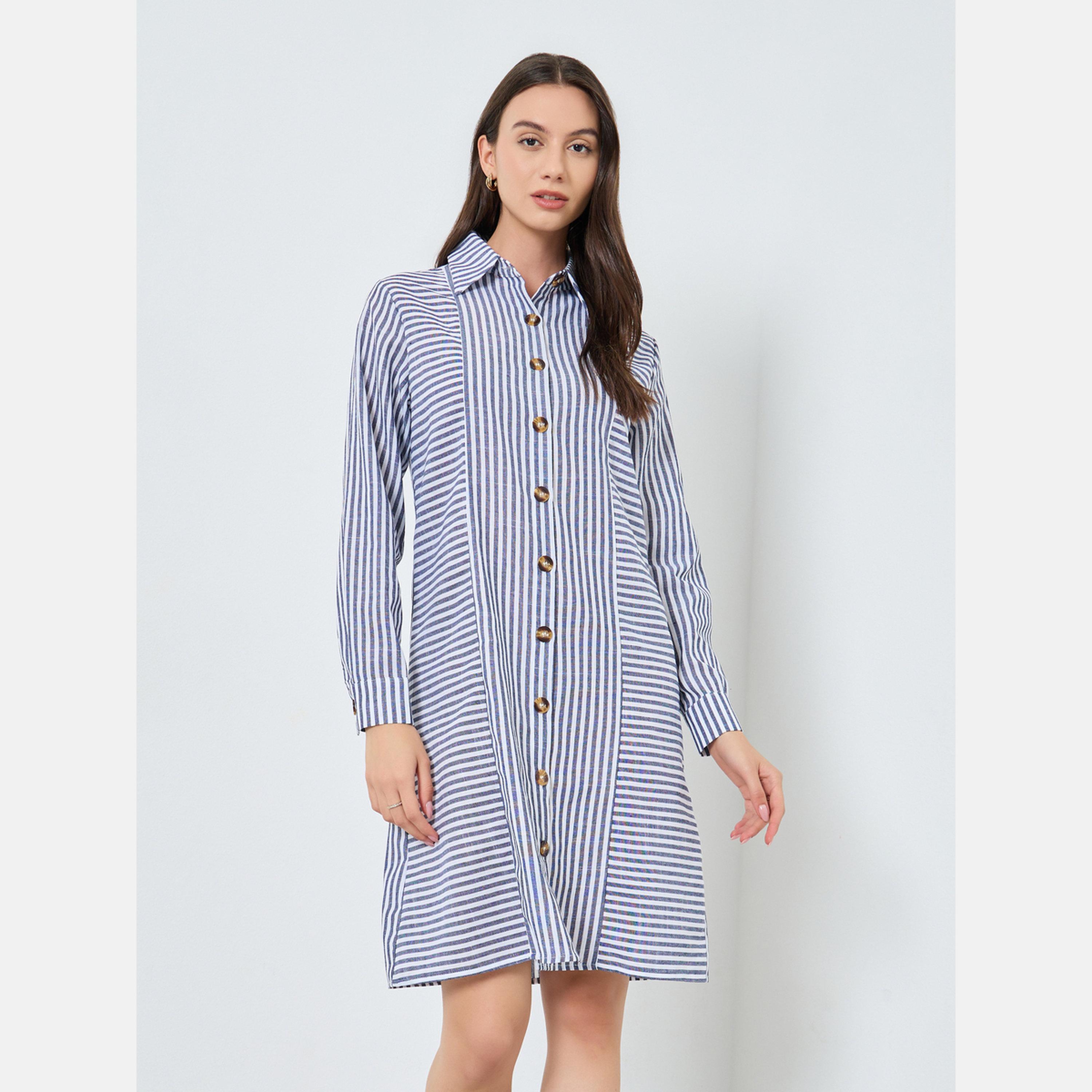 تيك تو - فستان قميص مخطط بأزرار أمامية بطول الركبة-women-clothing-dresses-image-1