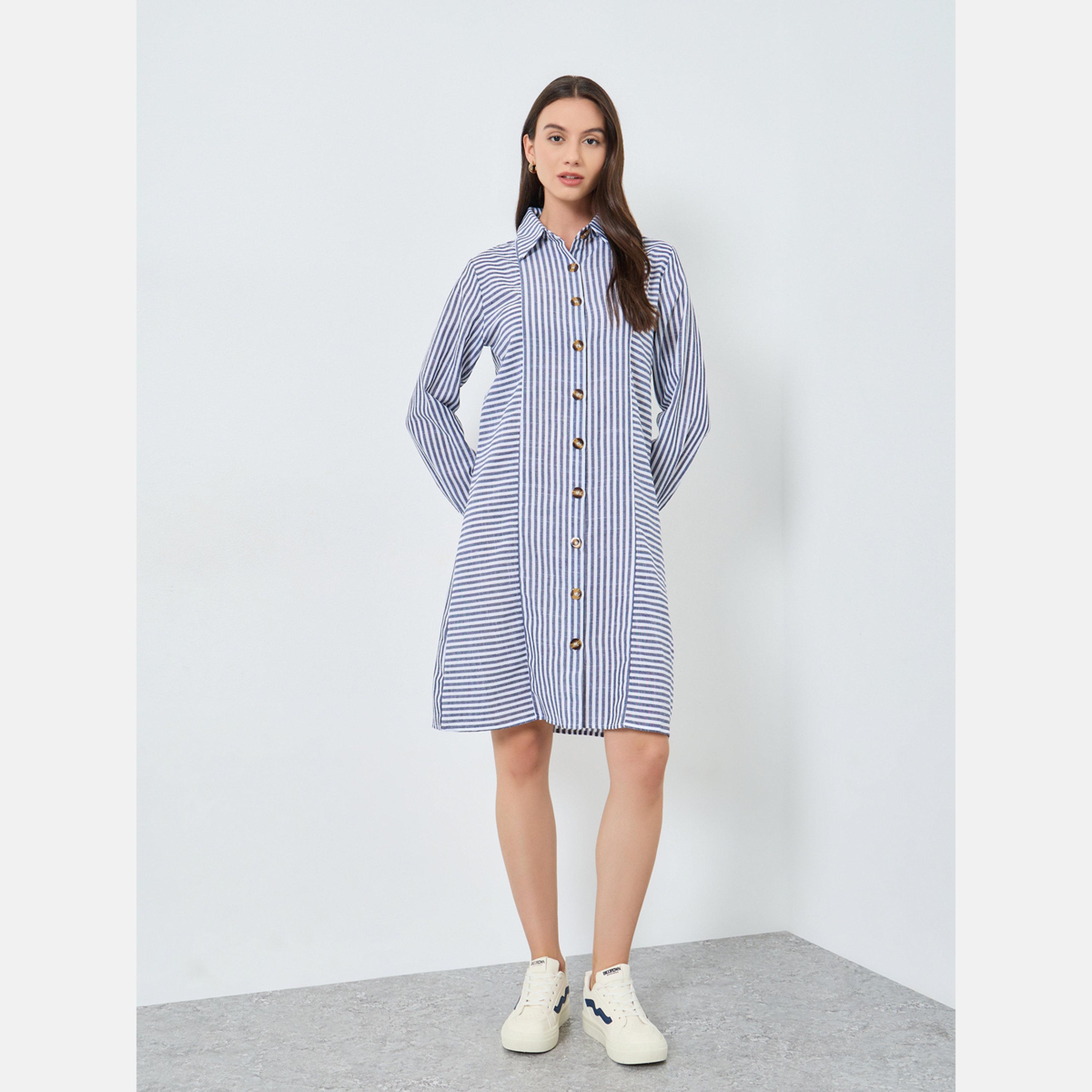 تيك تو - فستان قميص مخطط بأزرار أمامية بطول الركبة-women-clothing-dresses-image-2