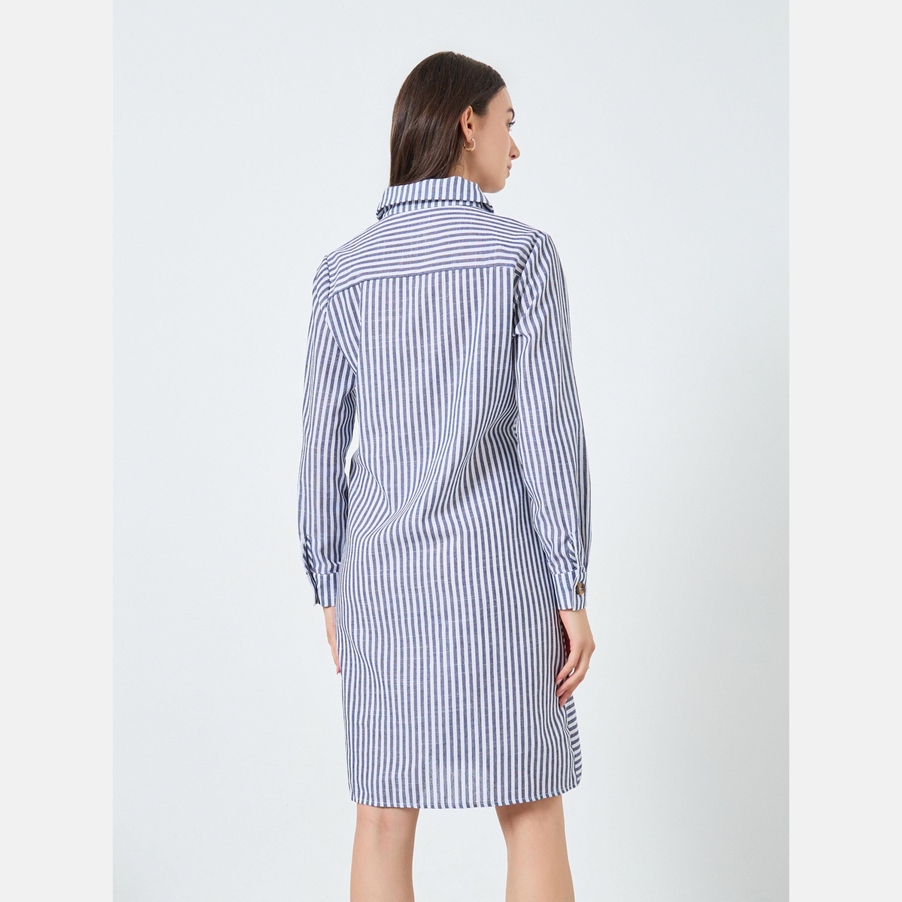 تيك تو - فستان قميص مخطط بأزرار أمامية بطول الركبة-women-clothing-dresses-image-4