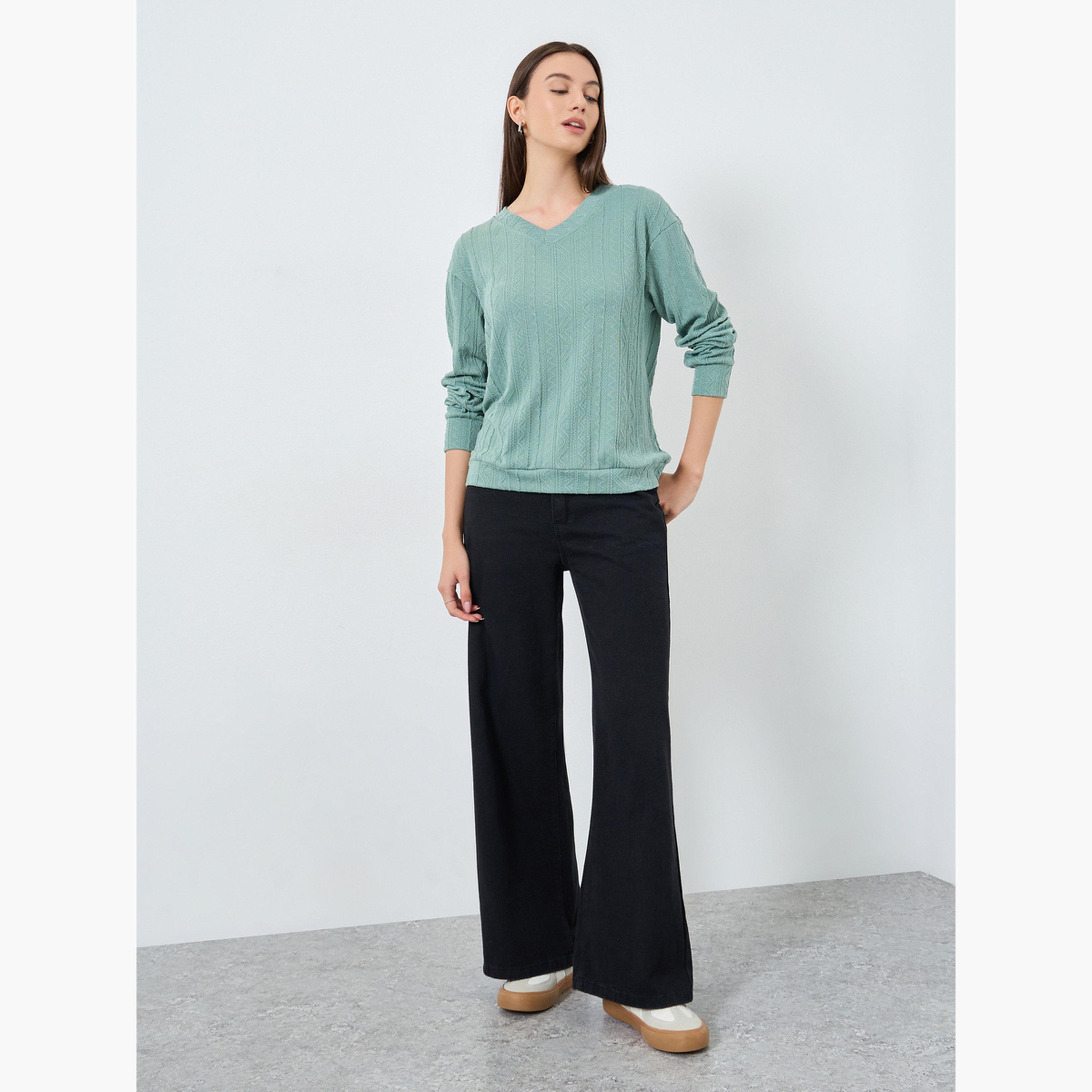 تيك تو - بلوزة بأكمام طويلة ومزخرفة لون أزرق مخضر-women-clothing-tshirts-image-1