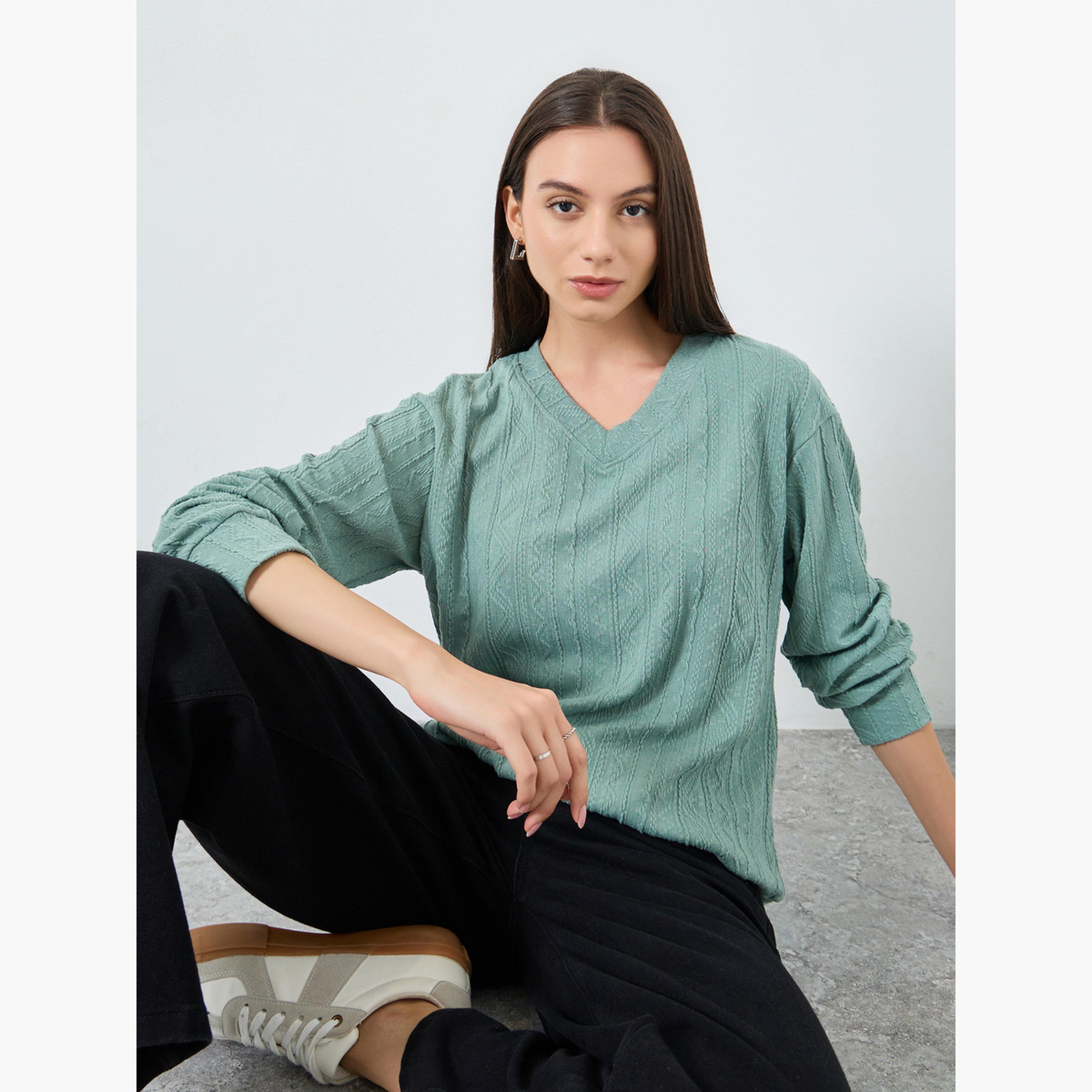 تيك تو - بلوزة بأكمام طويلة ومزخرفة لون أزرق مخضر-women-clothing-tshirts-image-2
