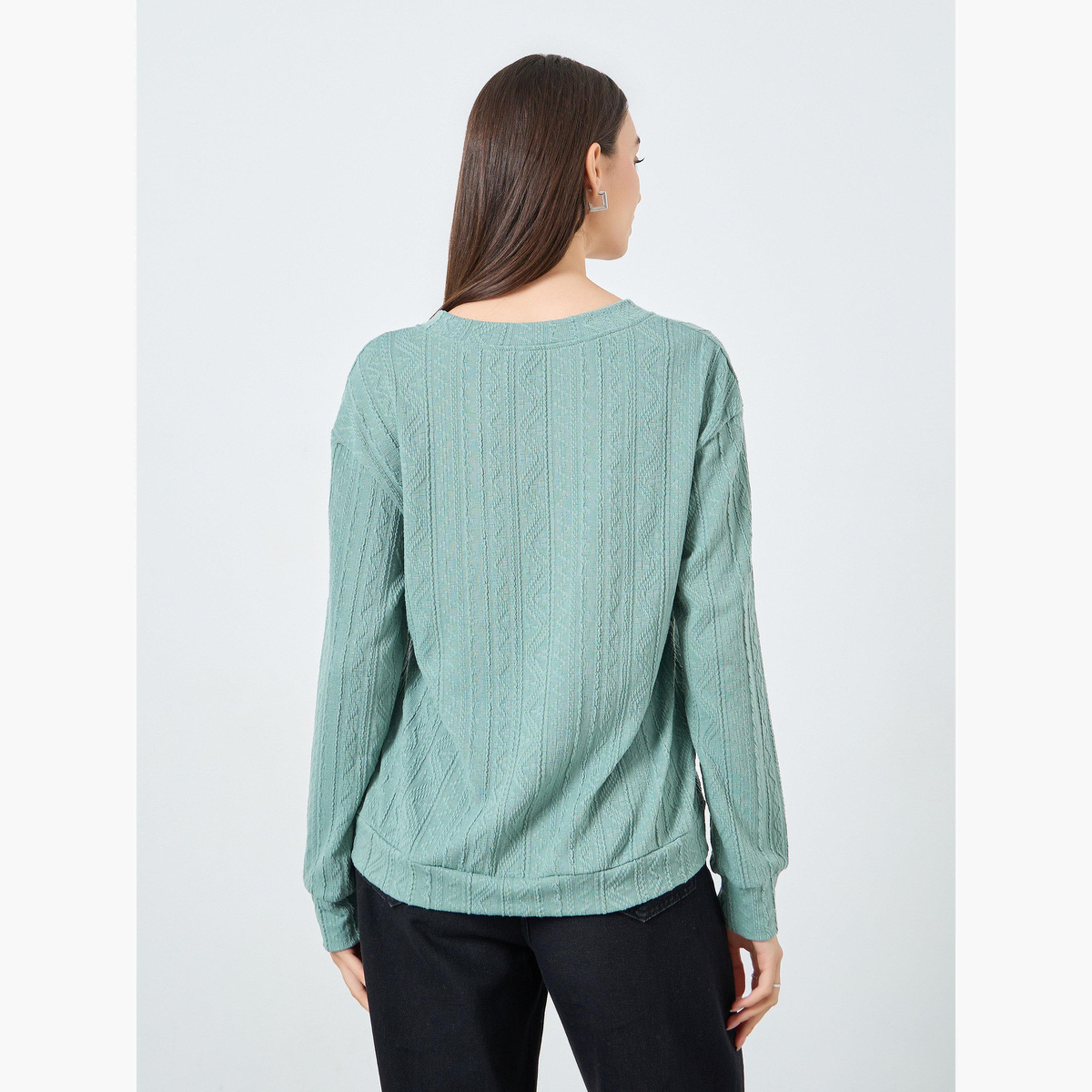تيك تو - بلوزة بأكمام طويلة ومزخرفة لون أزرق مخضر-women-clothing-tshirts-image-3