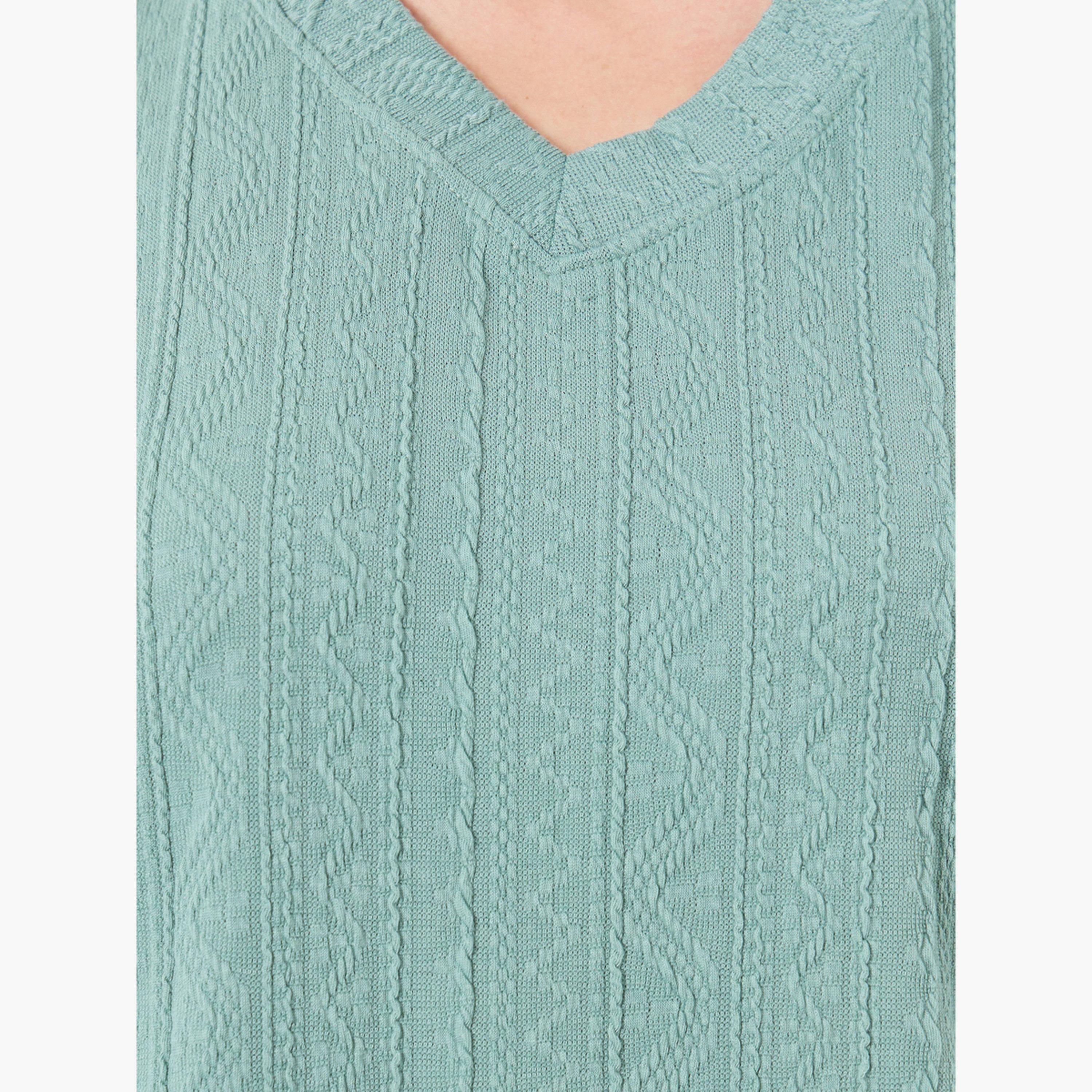 تيك تو - بلوزة بأكمام طويلة ومزخرفة لون أزرق مخضر-women-clothing-tshirts-image-4