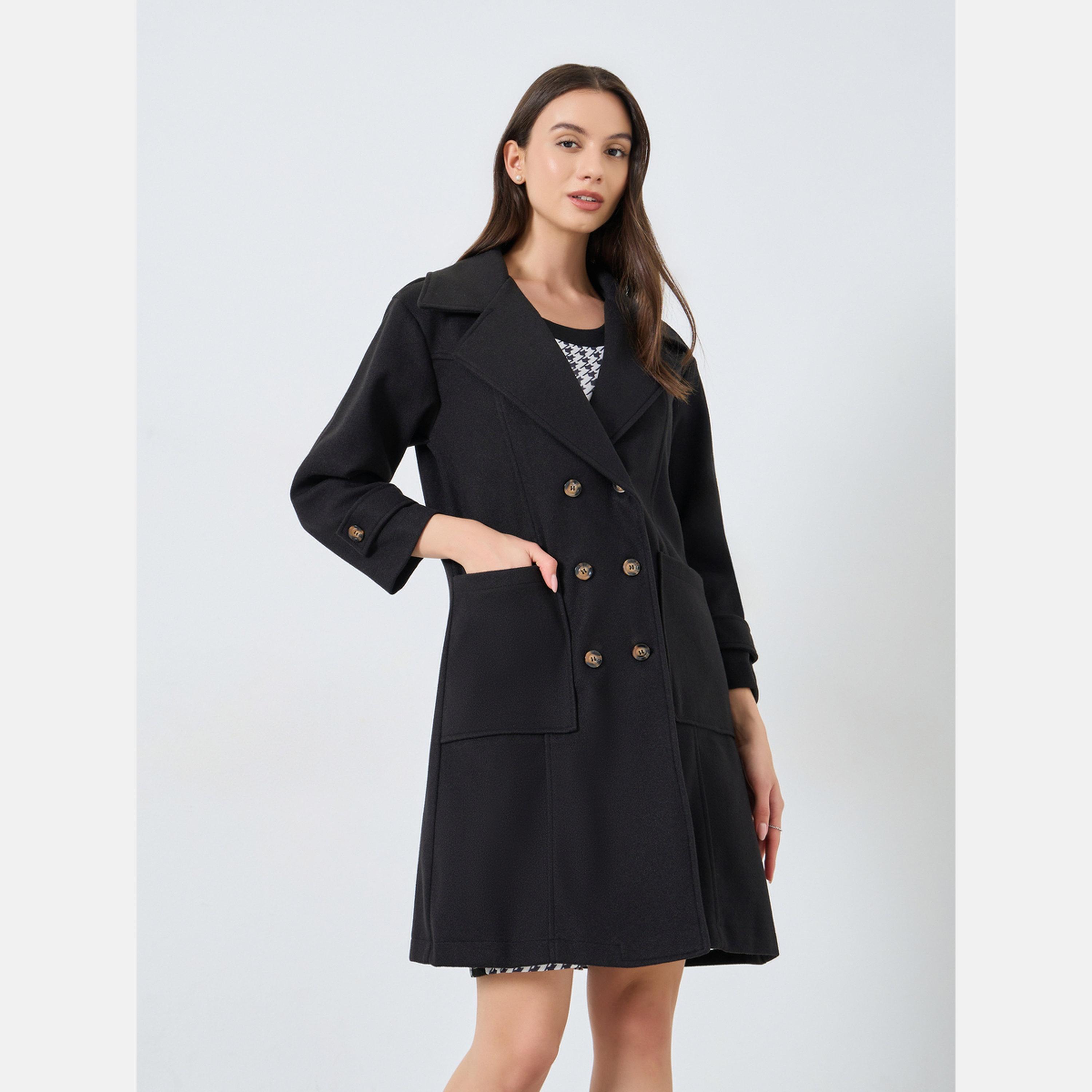 Take Two Black Collared Long Sleeves Women's Double Breasted Pocket Detail Wool Like Coat-women-winterwear-coatsandjackets-coats-image-1