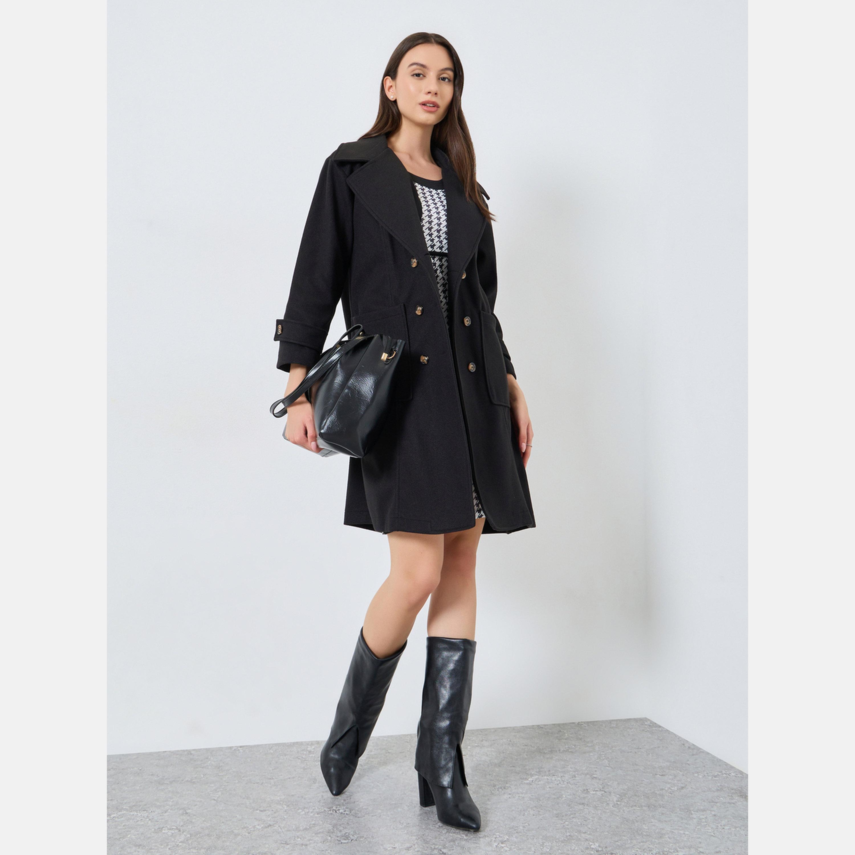 Take Two Black Collared Long Sleeves Women's Double Breasted Pocket Detail Wool Like Coat-women-winterwear-coatsandjackets-coats-image-2