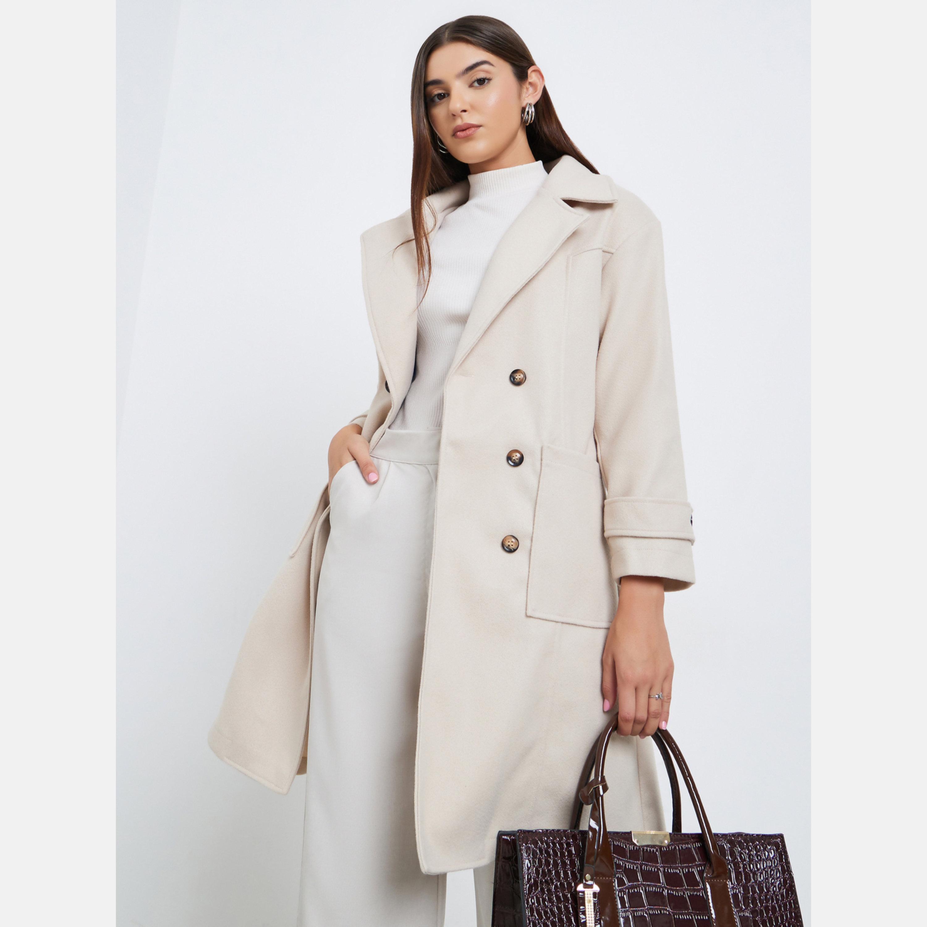 تيك تو - معطف نسائي من الصوف ذو ياقة وأكمام طويلة وجيوب مزدوجة الصدر باللون البيج-women-winterwear-coatsandjackets-coats-image-1