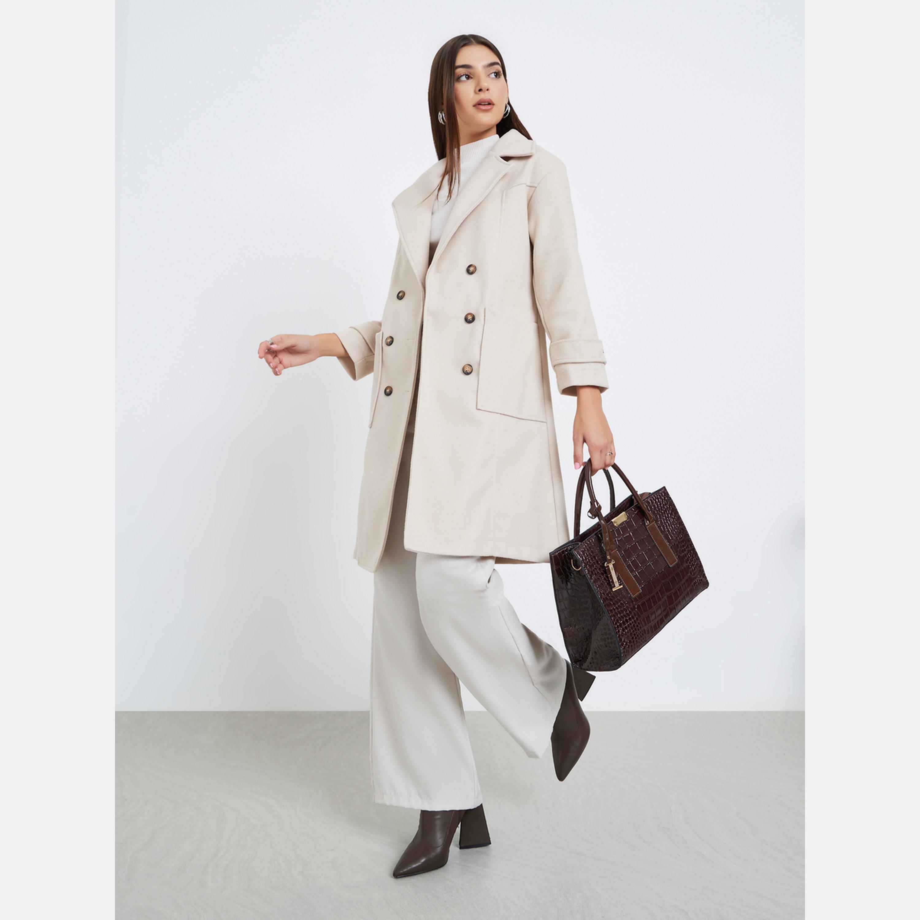 تيك تو - معطف نسائي من الصوف ذو ياقة وأكمام طويلة وجيوب مزدوجة الصدر باللون البيج-women-clothing-coatsandjackets-coats-image-2