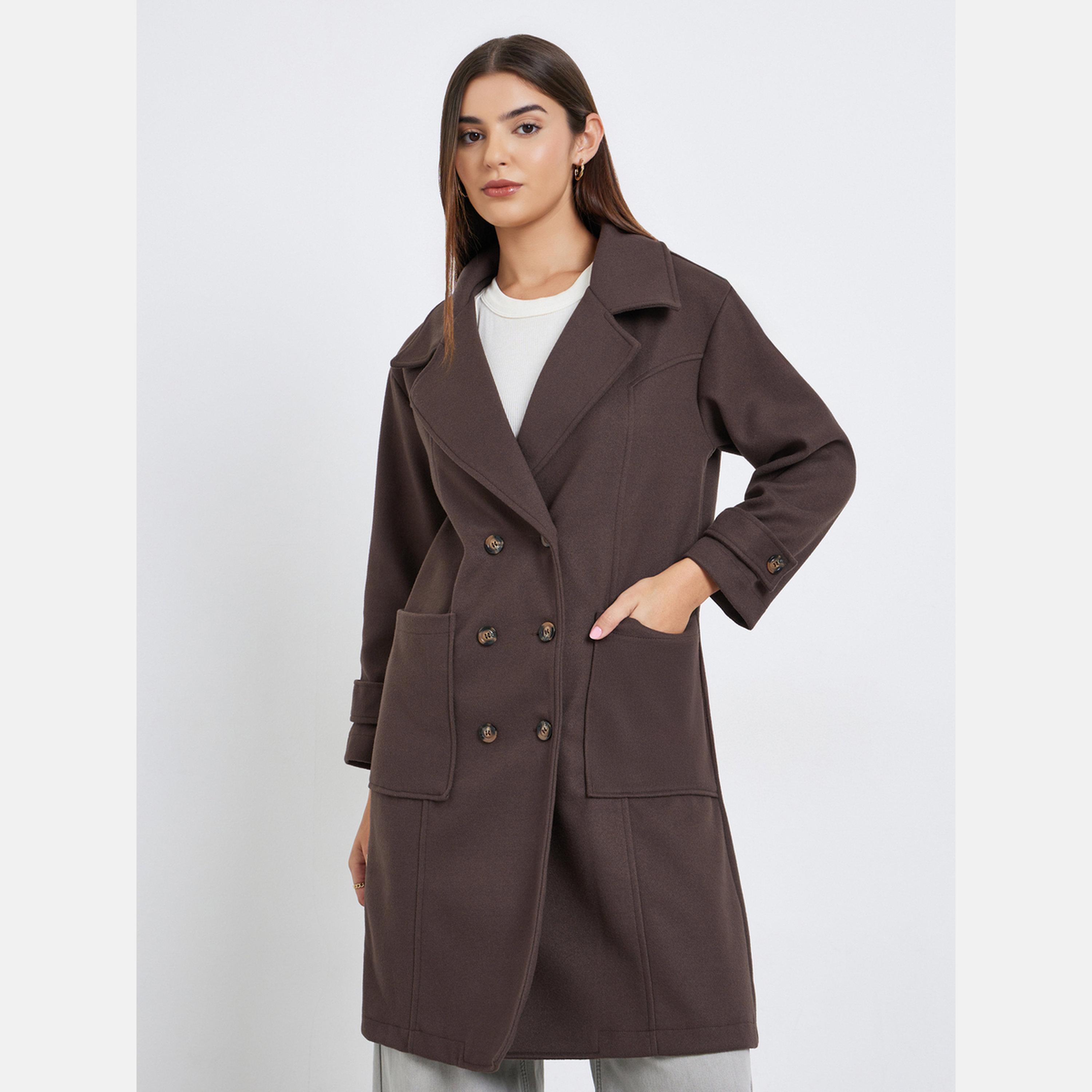 Take Two Brown Collared Long Sleeves Women's Double Breasted Pocket Detail Wool Like Coat-women-winterwear-coatsandjackets-coats-image-1