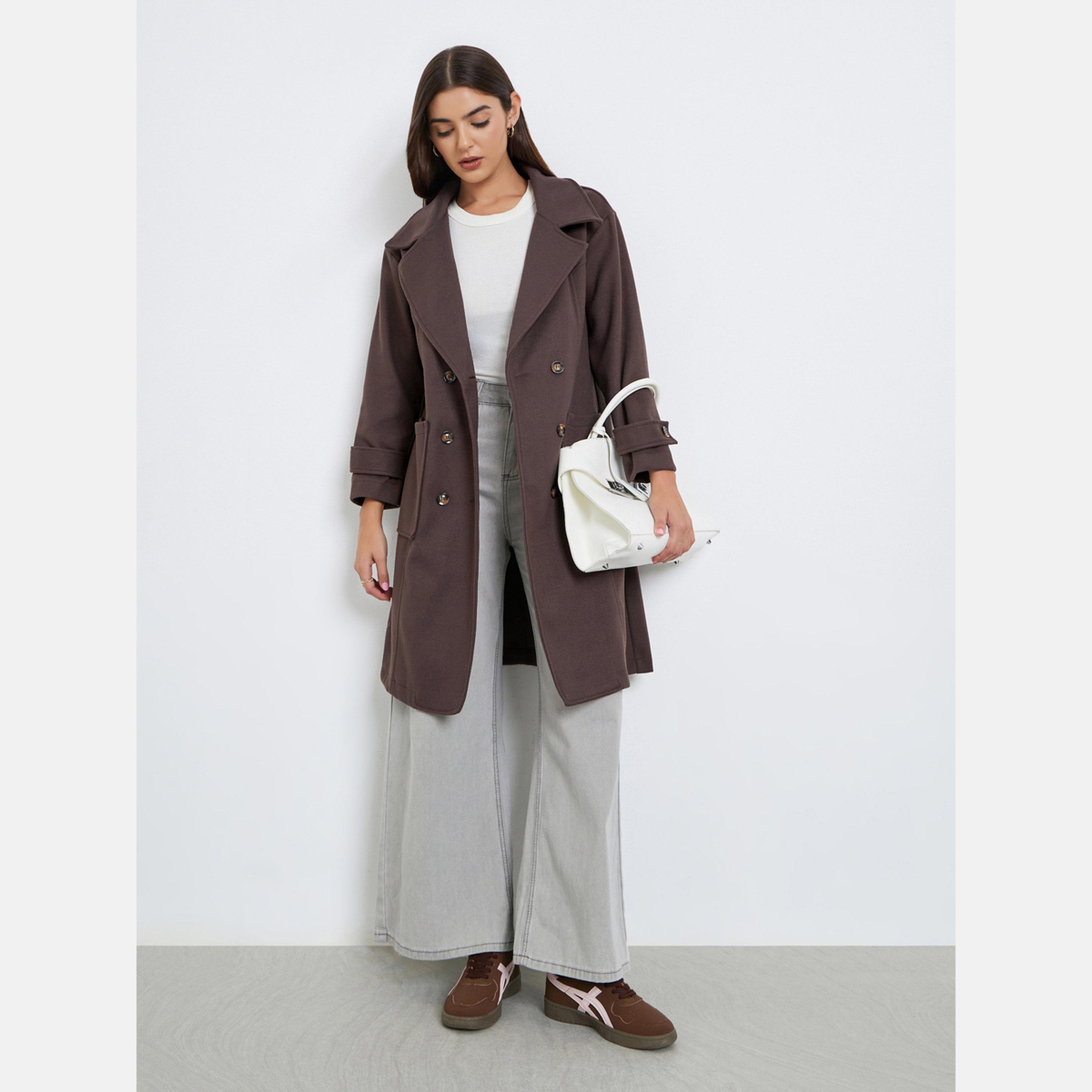 Take Two Brown Collared Long Sleeves Women's Double Breasted Pocket Detail Wool Like Coat-women-winterwear-coatsandjackets-coats-image-2