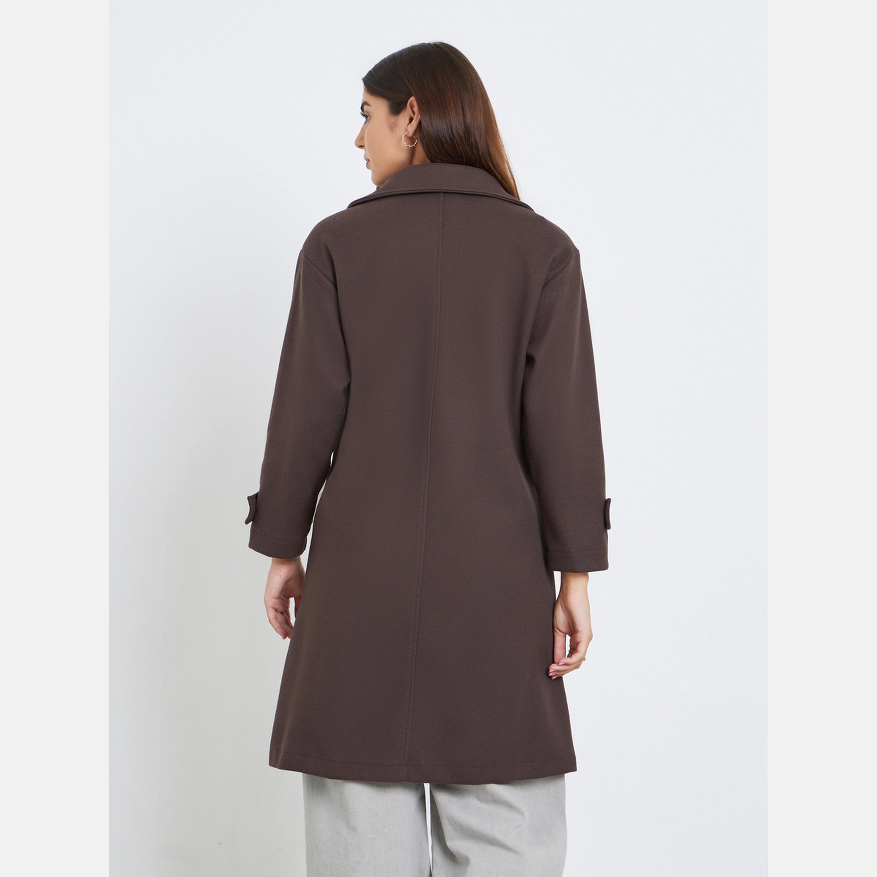 Take Two Brown Collared Long Sleeves Women's Double Breasted Pocket Detail Wool Like Coat-women-winterwear-coatsandjackets-coats-image-4